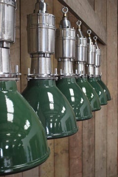 Large Set of Industrial Lights in Green Enamel and Cast Aluminium