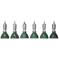 Vintage Large Set of Industrial Lights in Green Enamel and Cast Aluminium