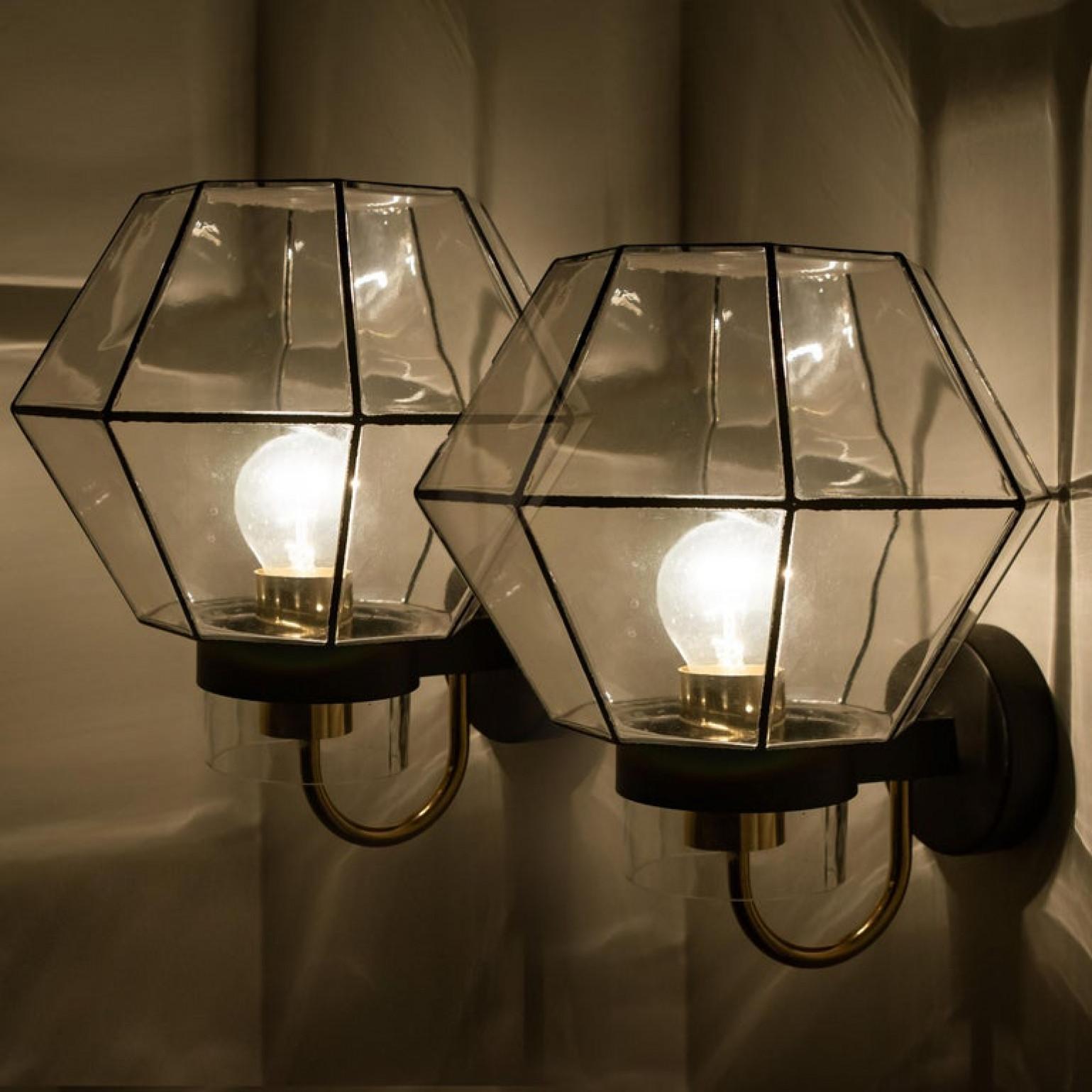 Mid-Century Modern Large Set of Iron and Clear Glass Wall Lights by Glashütte Limburg, 1960 For Sale