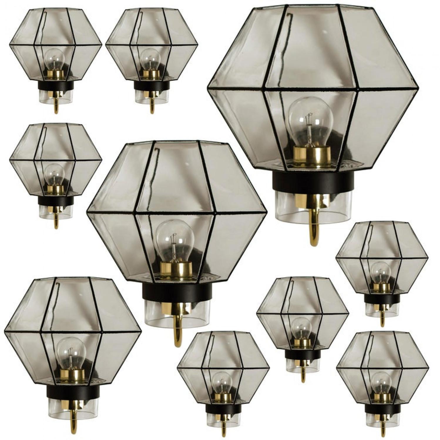 Austrian Large Set of Iron and Clear Glass Wall Lights by Glashütte Limburg, 1960 For Sale