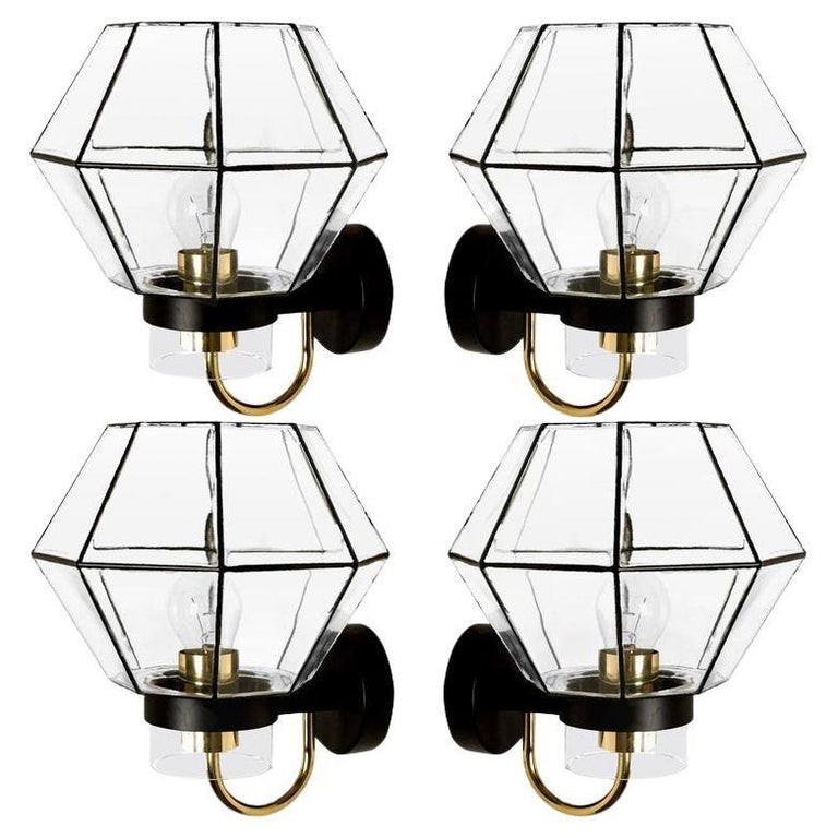 Large Set of Iron and Clear Glass Wall Lights by Glashütte Limburg