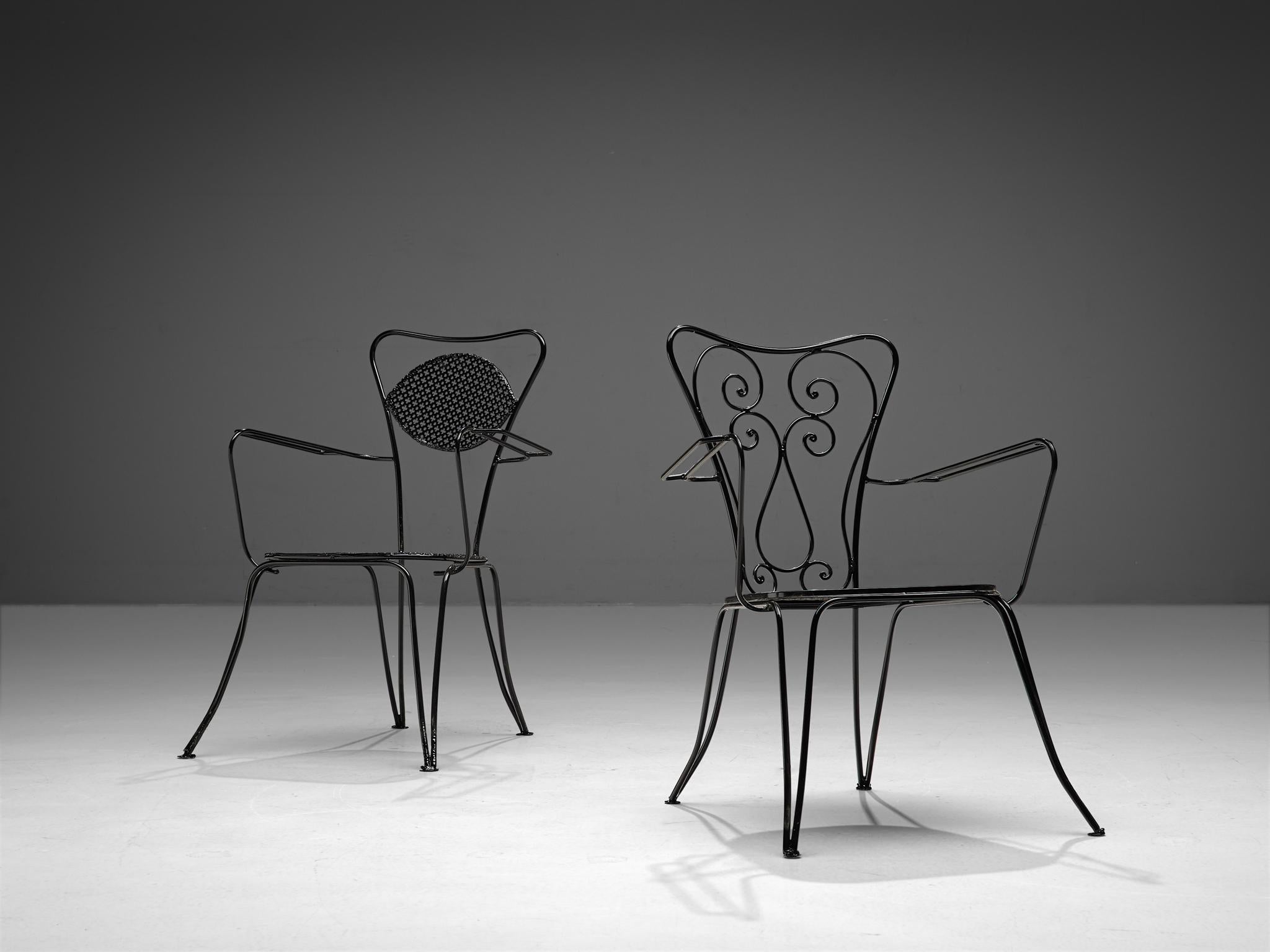 Dining patio chairs, lacquered steel, Italy, 1960s

This collection of patio chairs from Italy has a strikingly refined design that is emblematic of the quintessential Italian patio chair. The chairs feature a gracefully curved silhouette and