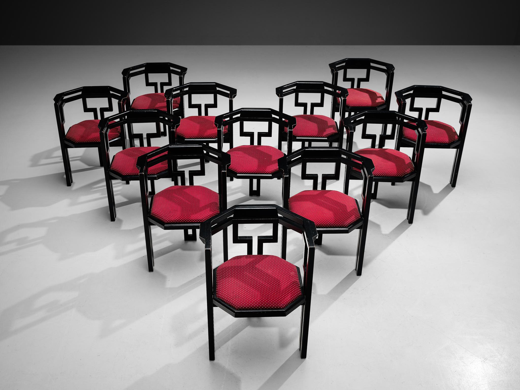 Set of twelve dining chairs, black lacquered oak, fabric, Italy, 1970s. 

Outstanding set of twelve geometrical Italian dining chairs. These chairs combine a sculptural design that is simple, but very strong in lines and proportions with a luxurious