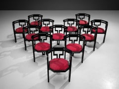 Set of Twelve Italian Dining Chairs in Oak and Vibrant Red Upholstery