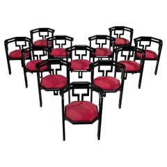 Large Set of Italian Dining Chairs in Oak and Vibrant Red Upholstery