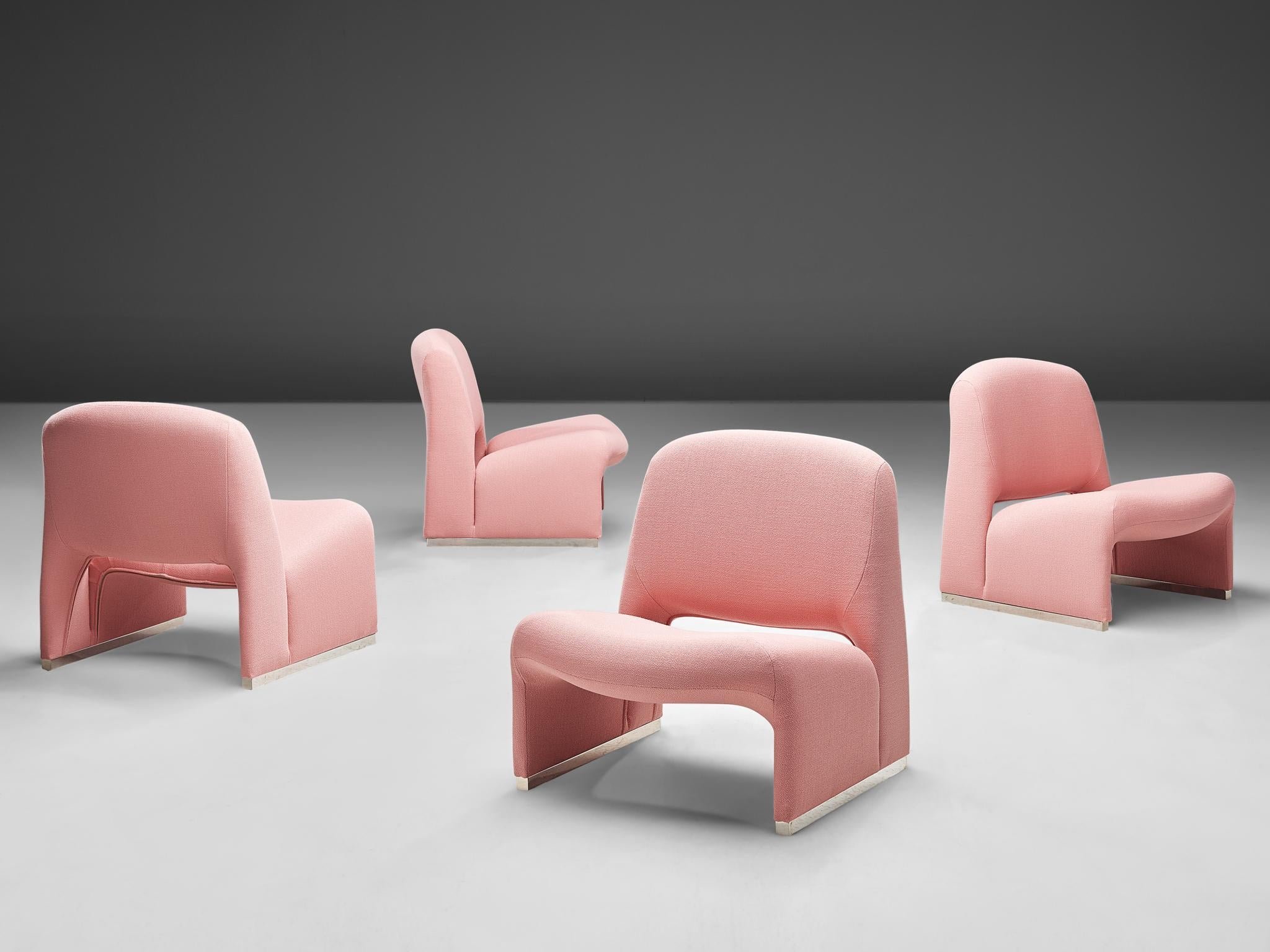 Large set of easy chairs, metal and pink fabric, Italy, 1970s

A wonderful Postmodern easy chair with bulky, fluid shapes. It consists of two curved parts that form together the legs, the seat and the backrest.  The legs are finished with an