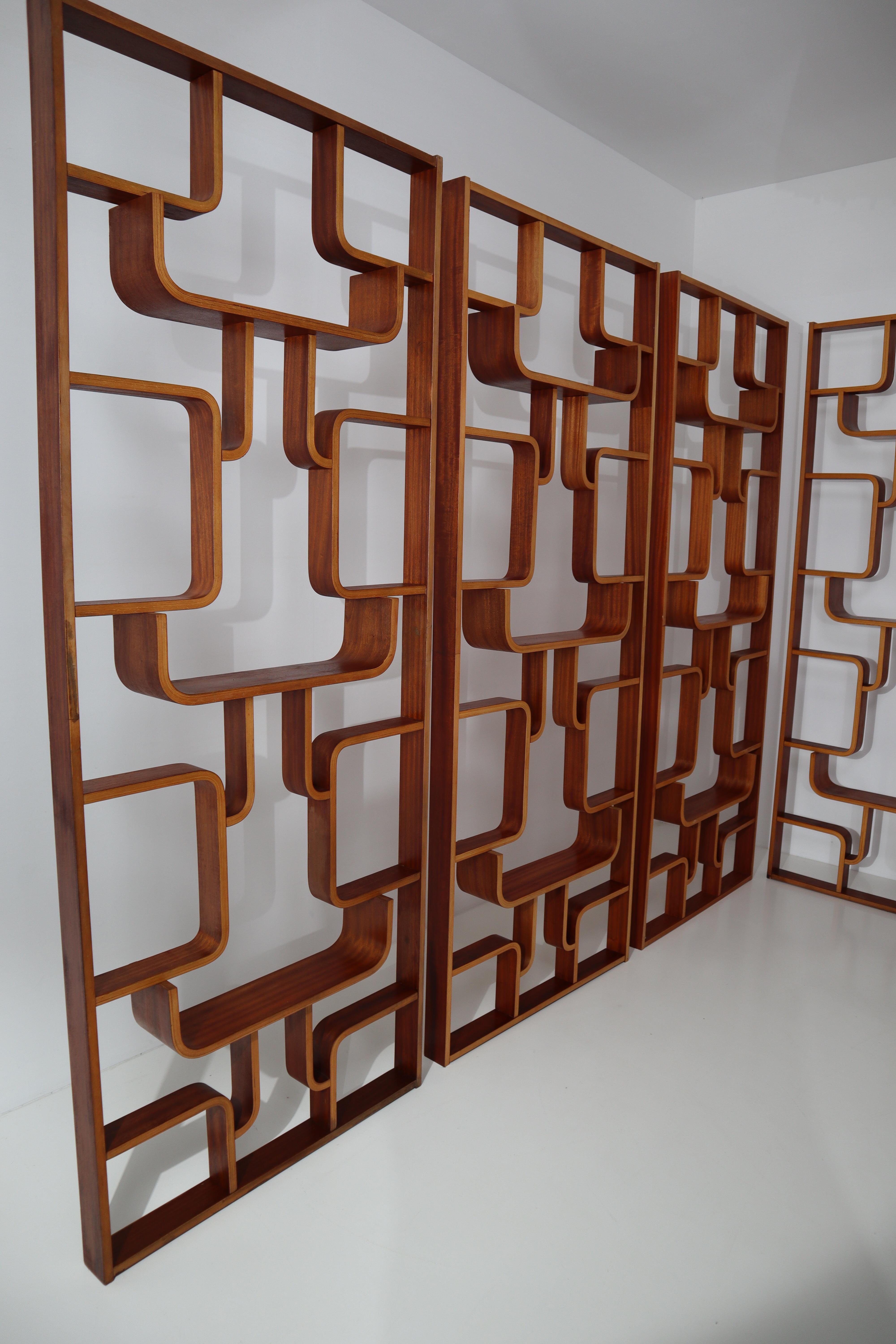 Mid-Century Modern Large Set of Mahogany Color Midcentury Room Dividers in Bentwood, circa 1960s