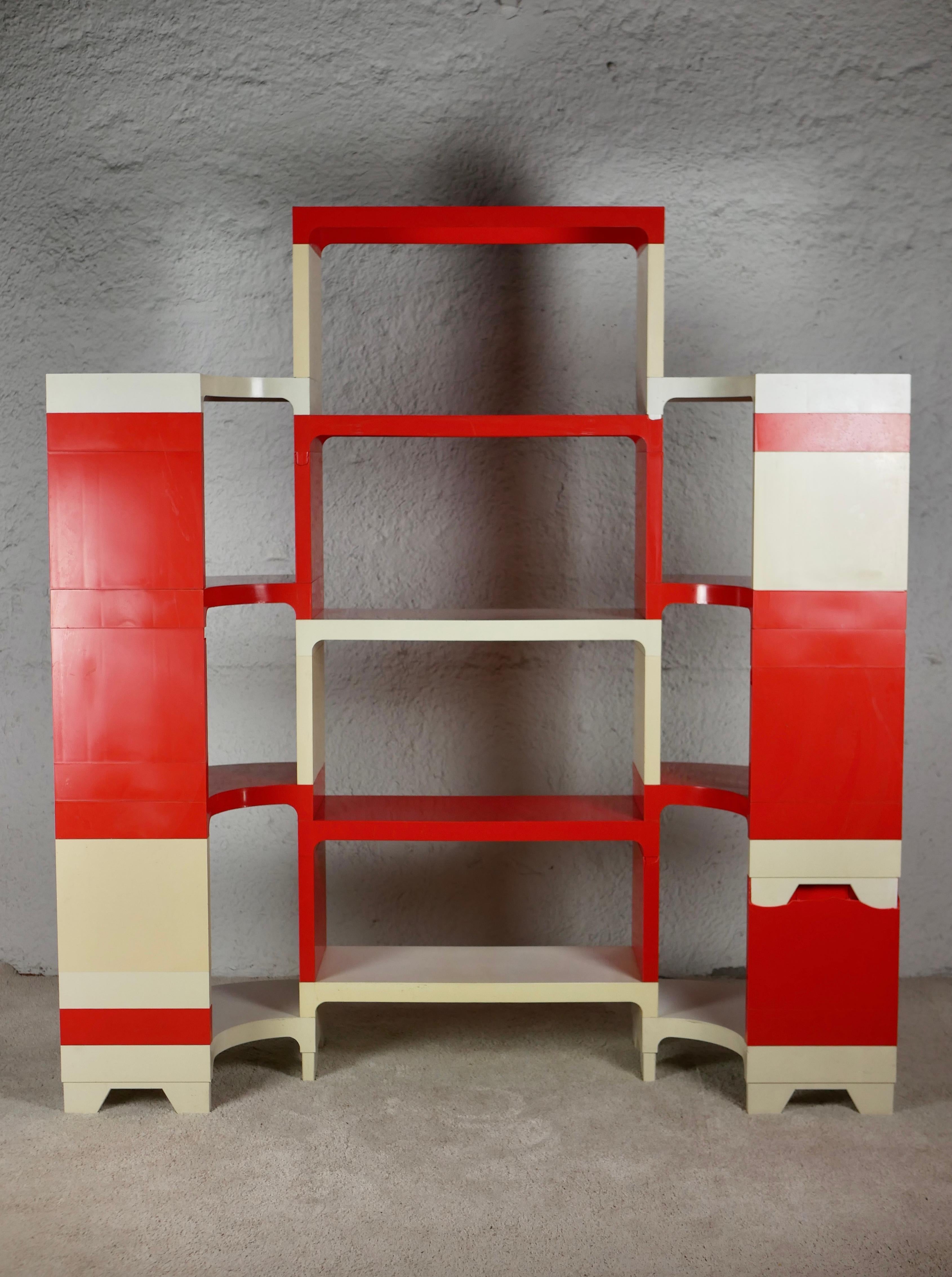 Space Age Large set of modular red and white shelves by Prisunic, France, 1970s
