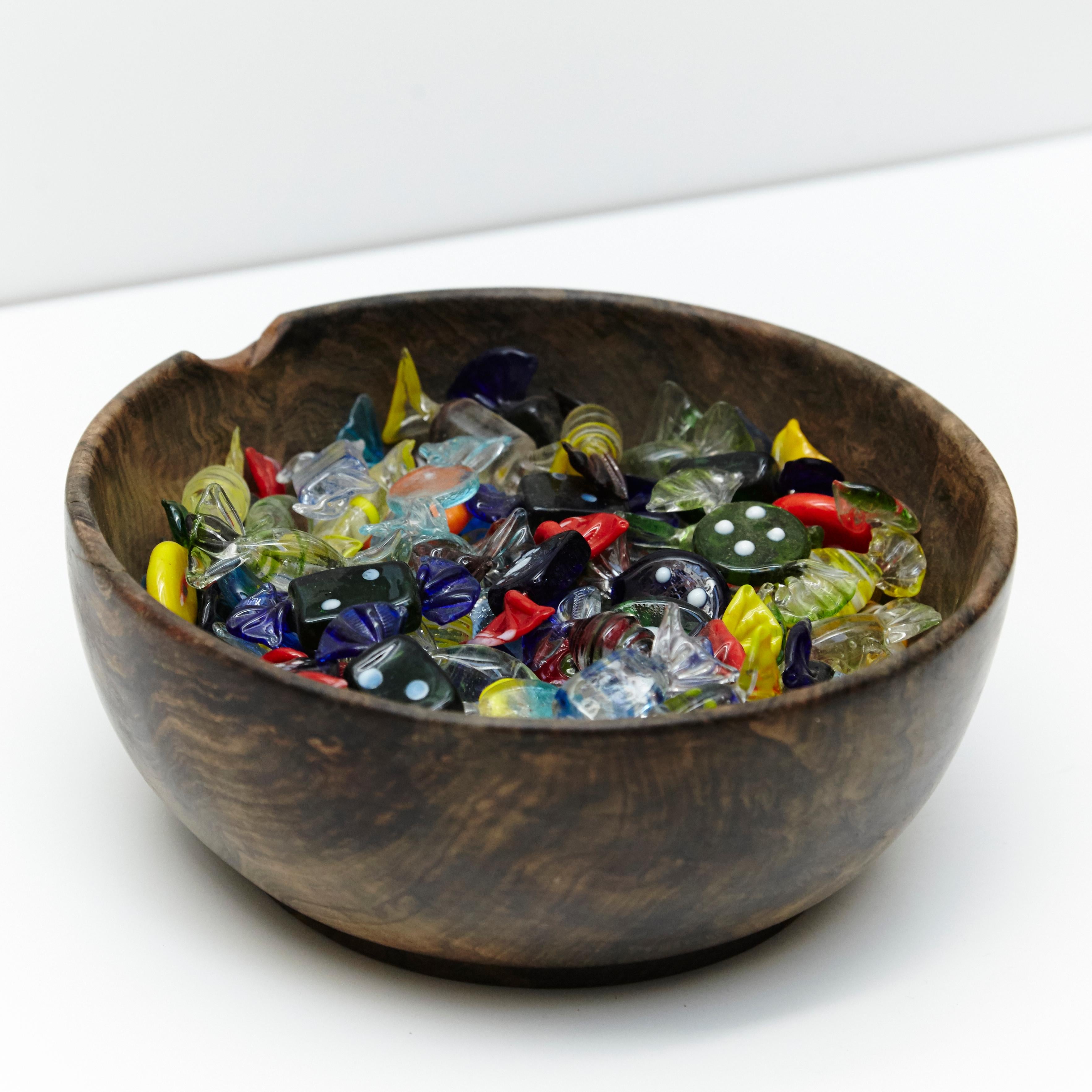 Mid-Century Modern Large Set of Murano Glass Candy Small Sculptures on Olive Wood Bowl, circa 1970