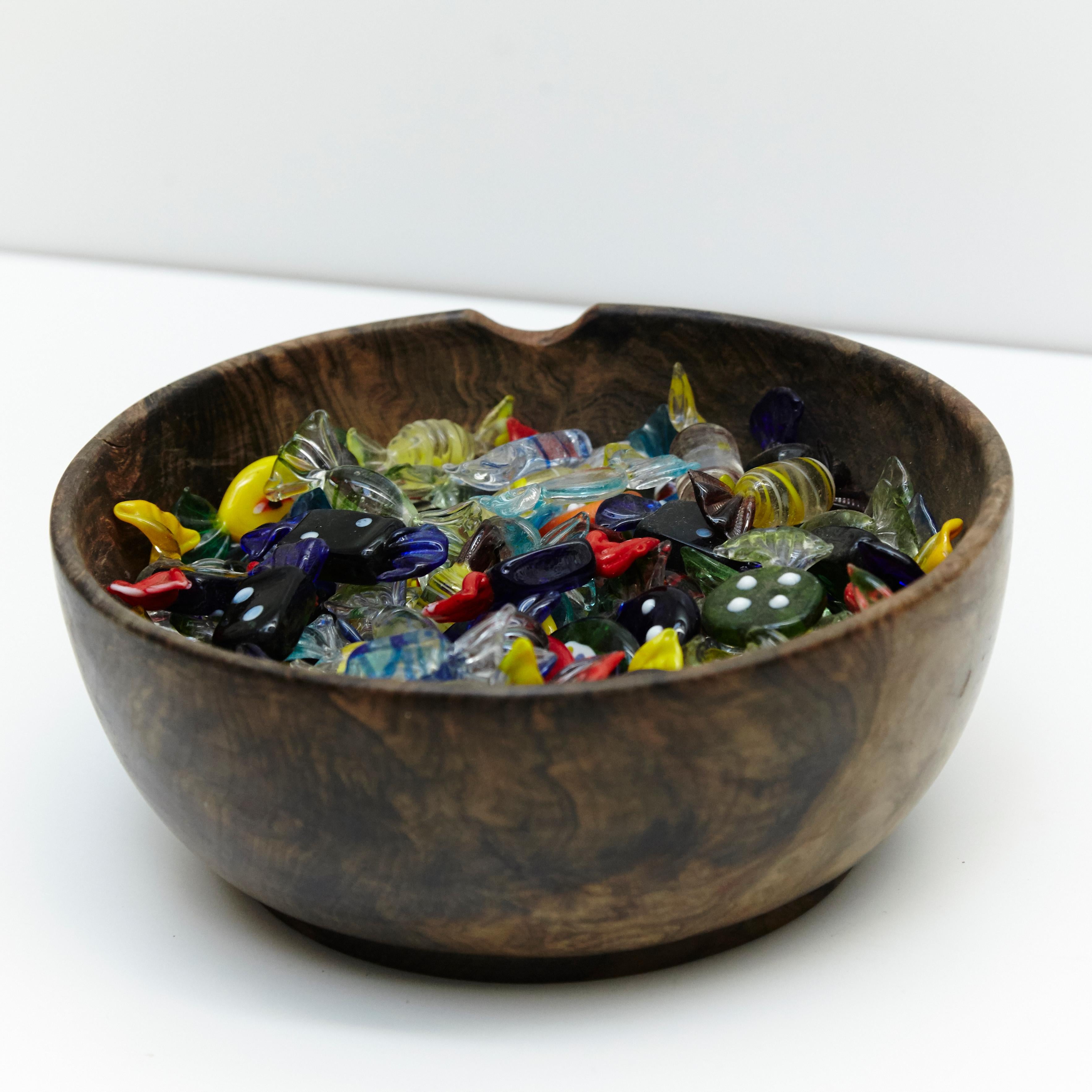 Italian Large Set of Murano Glass Candy Small Sculptures on Olive Wood Bowl, circa 1970