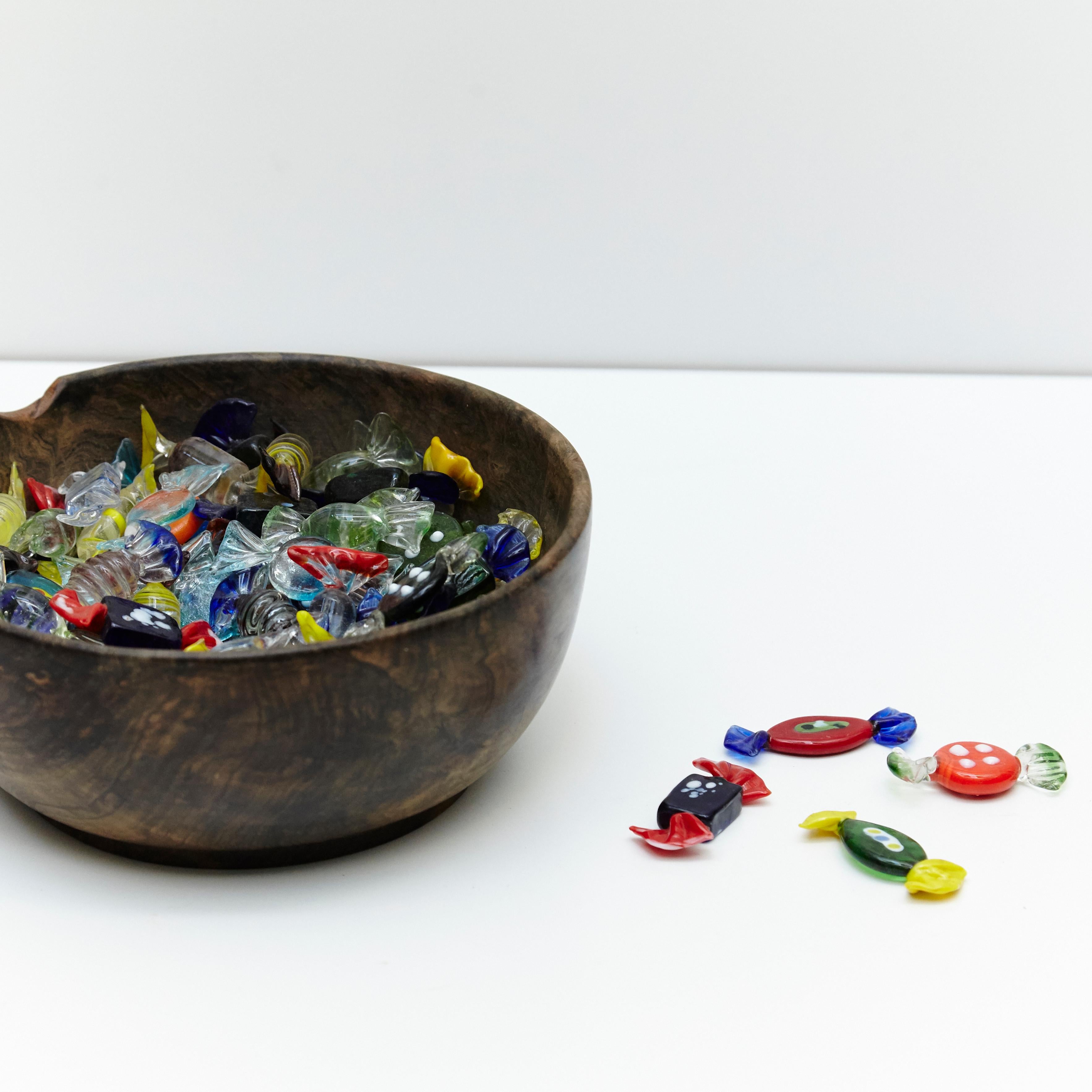 Late 20th Century Large Set of Murano Glass Candy Small Sculptures on Olive Wood Bowl, circa 1970