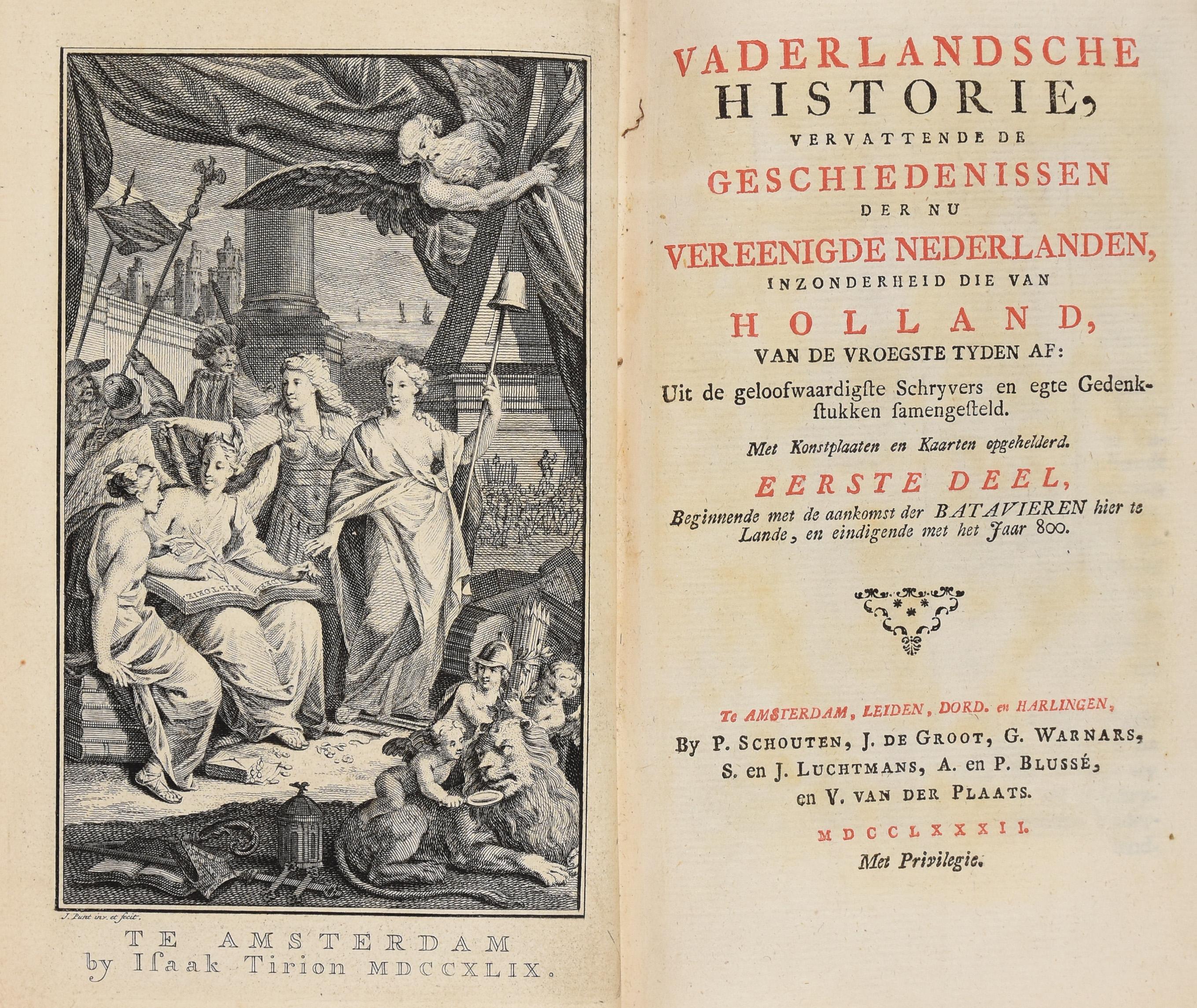 Title: Vaderlandsche historie, vervattende de geschiedenissen der nu Vereenigde Nederlanden, inzonderheid die van Holland, van de vroegste tyden af [...].

21 vol., 8vo (1 sm. tear in map in vol. II; normal minor browning or spotting). - Reissue