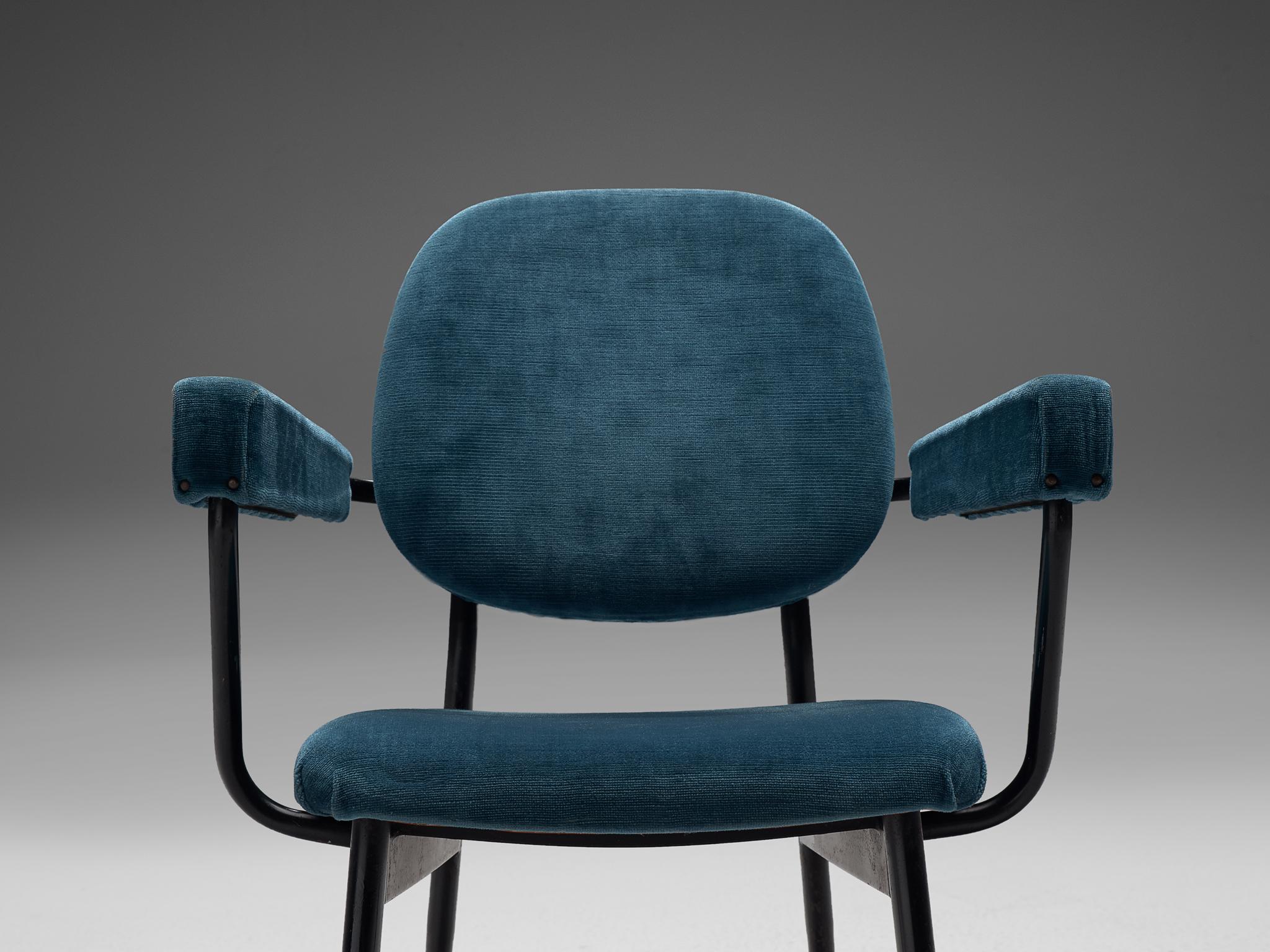 Mid-Century Modern Large Set of Six Blue Velvet Italian Chairs