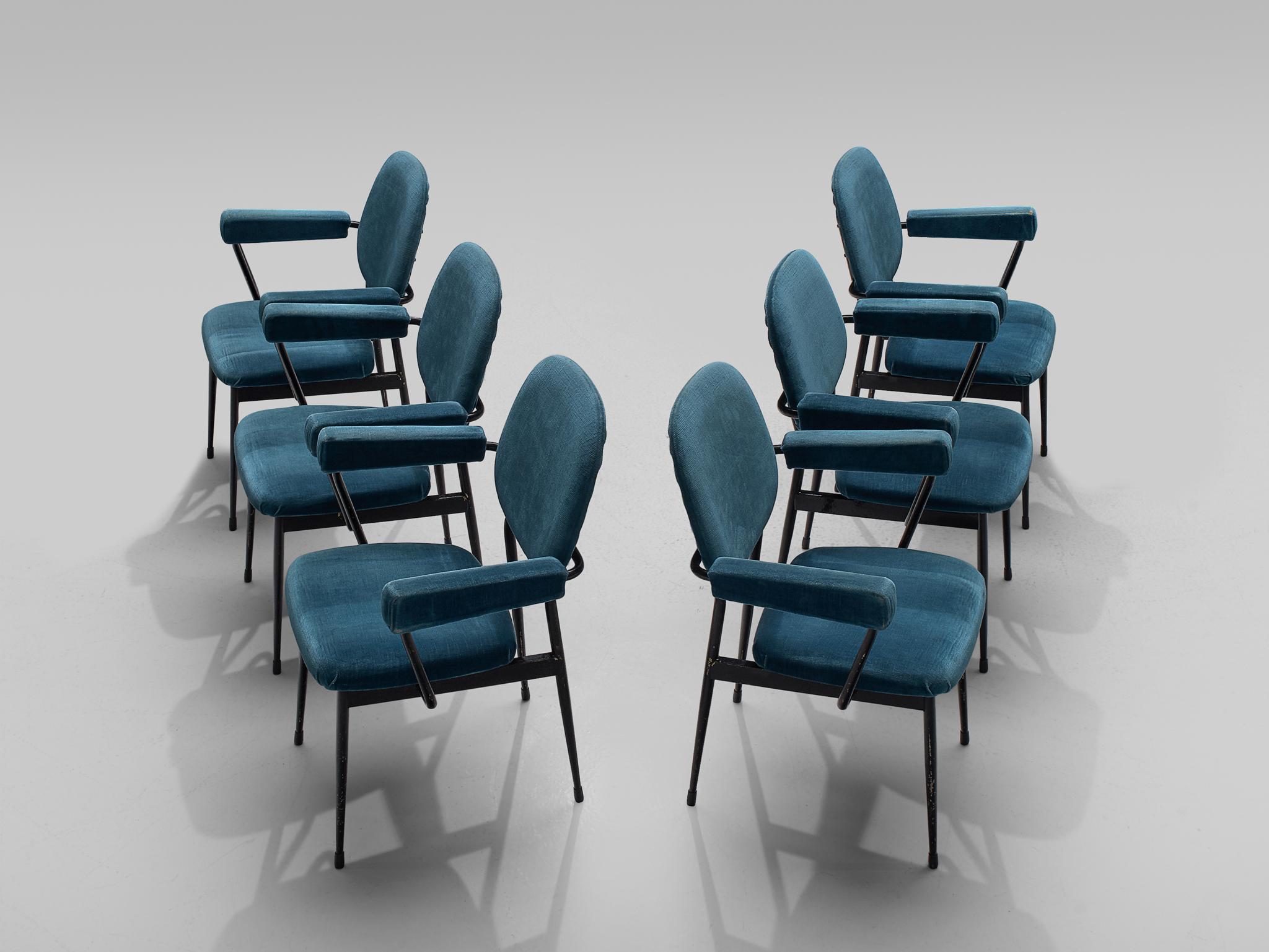 Large Set of Six Blue Velvet Italian Chairs In Good Condition In Waalwijk, NL