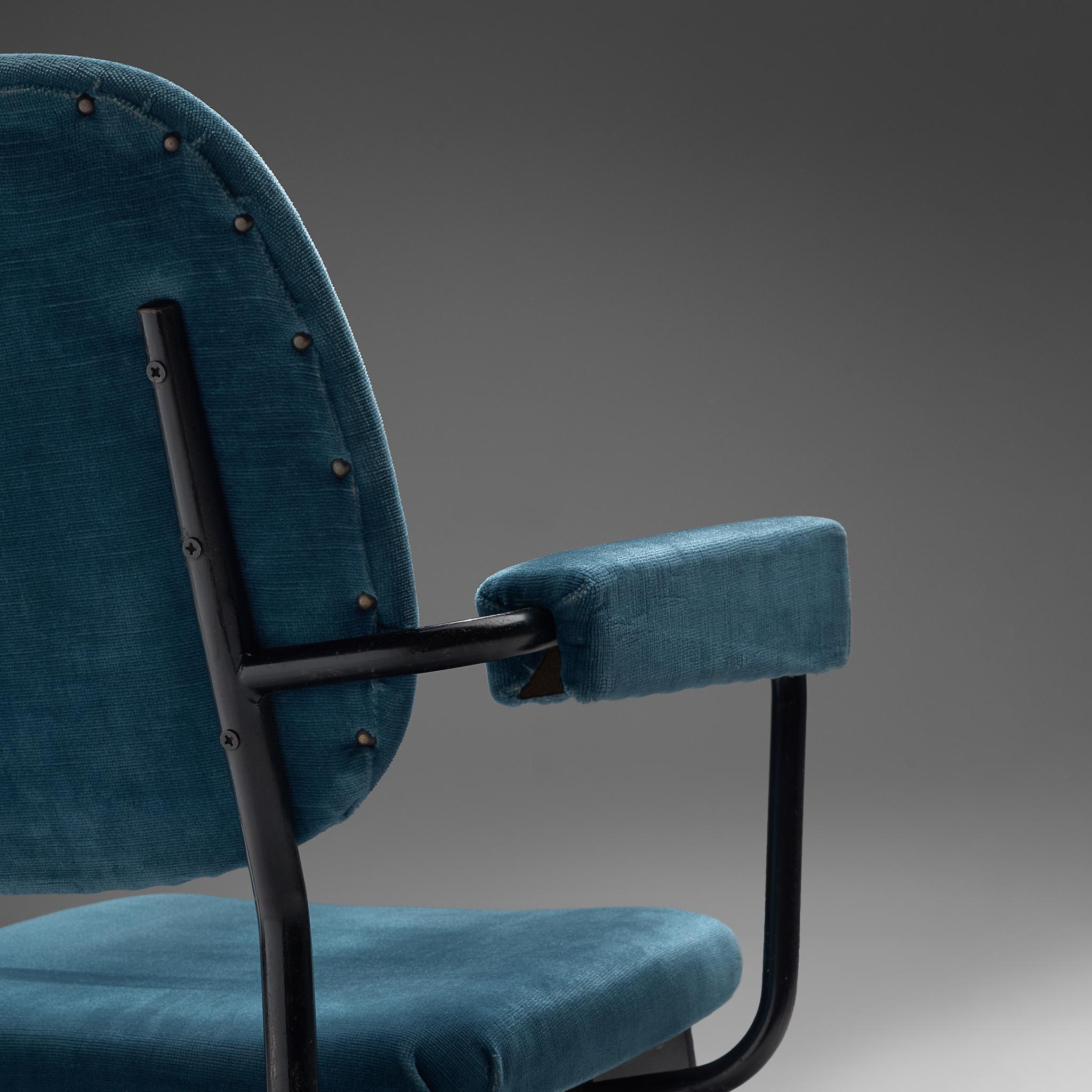 Mid-20th Century Large Set of Six Blue Velvet Italian Chairs