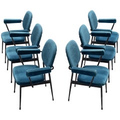 Large Set of Six Blue Velvet Italian Chairs