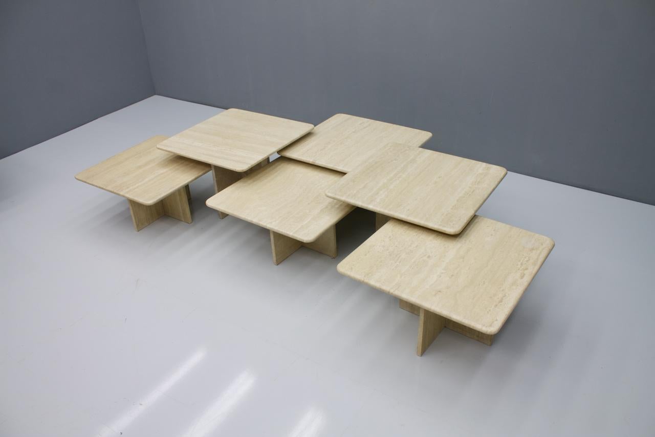 Mid-Century Modern Large Set of Six Travertine Side or Coffee Tables, Italy, 1970s