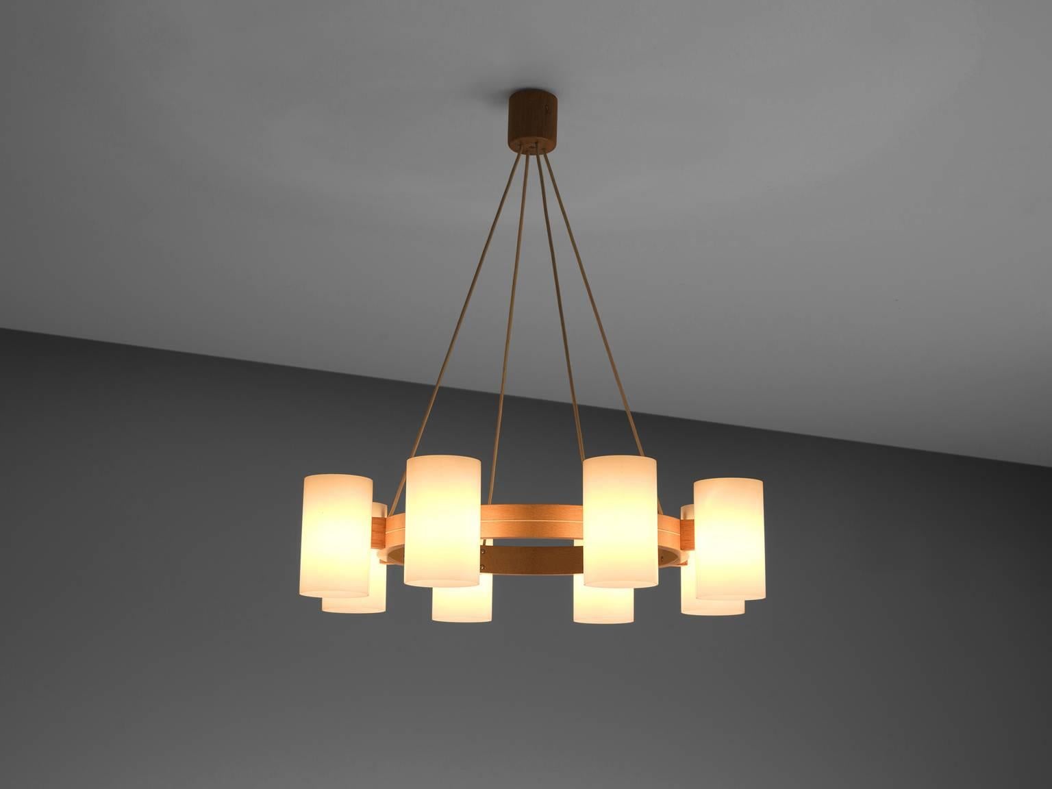 Scandinavian Modern Large Set of Swedish Oak and Opaline Chandeliers