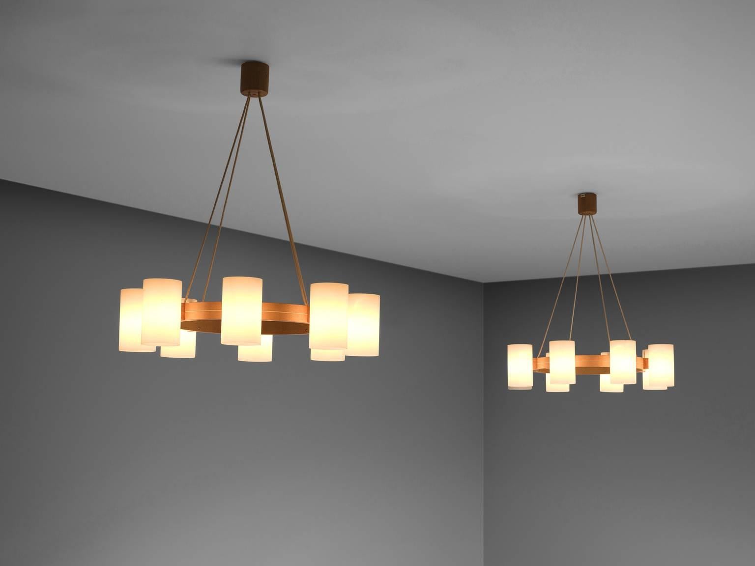 Large Set of Swedish Oak and Opaline Chandeliers In Good Condition In Waalwijk, NL