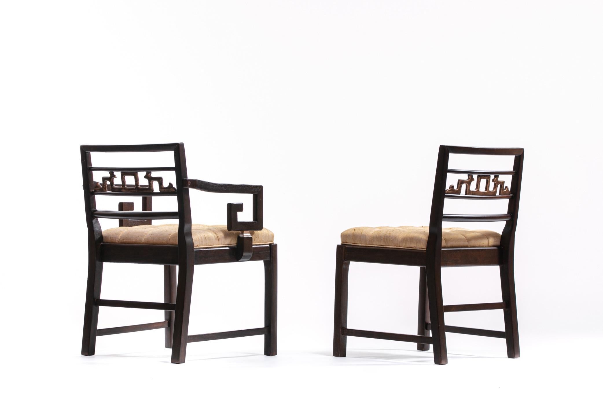 Attributed to designer Michael Taylor, this large set of ten Baker Asian inspired chinoiserie dining chairs is the only one of its kind available, globally. These unique dining chairs were completely restored from top to bottom. Mahogany frames were