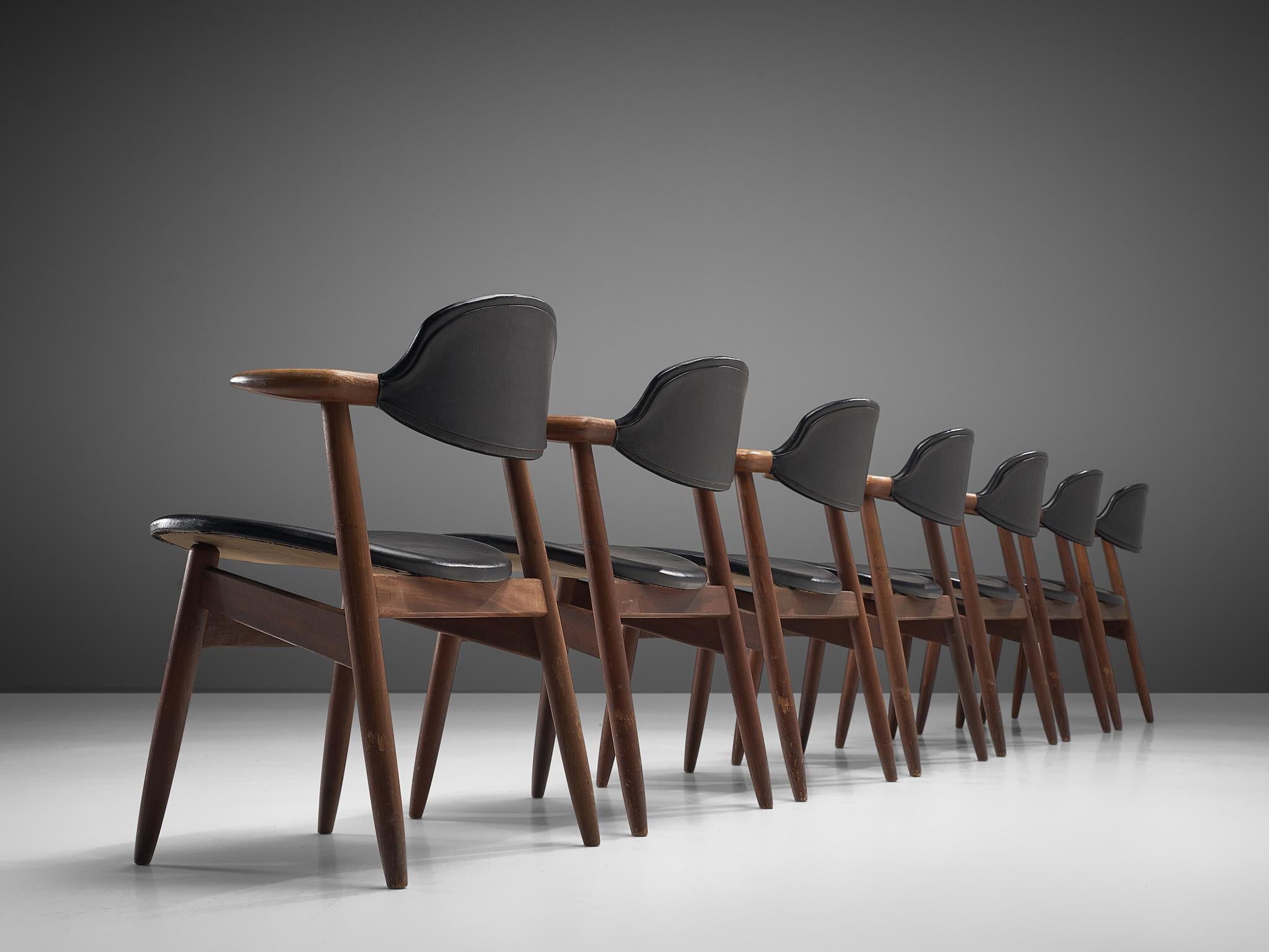 Danish Large Set of Ten Bullhorn Chairs in Teak and Black Leather