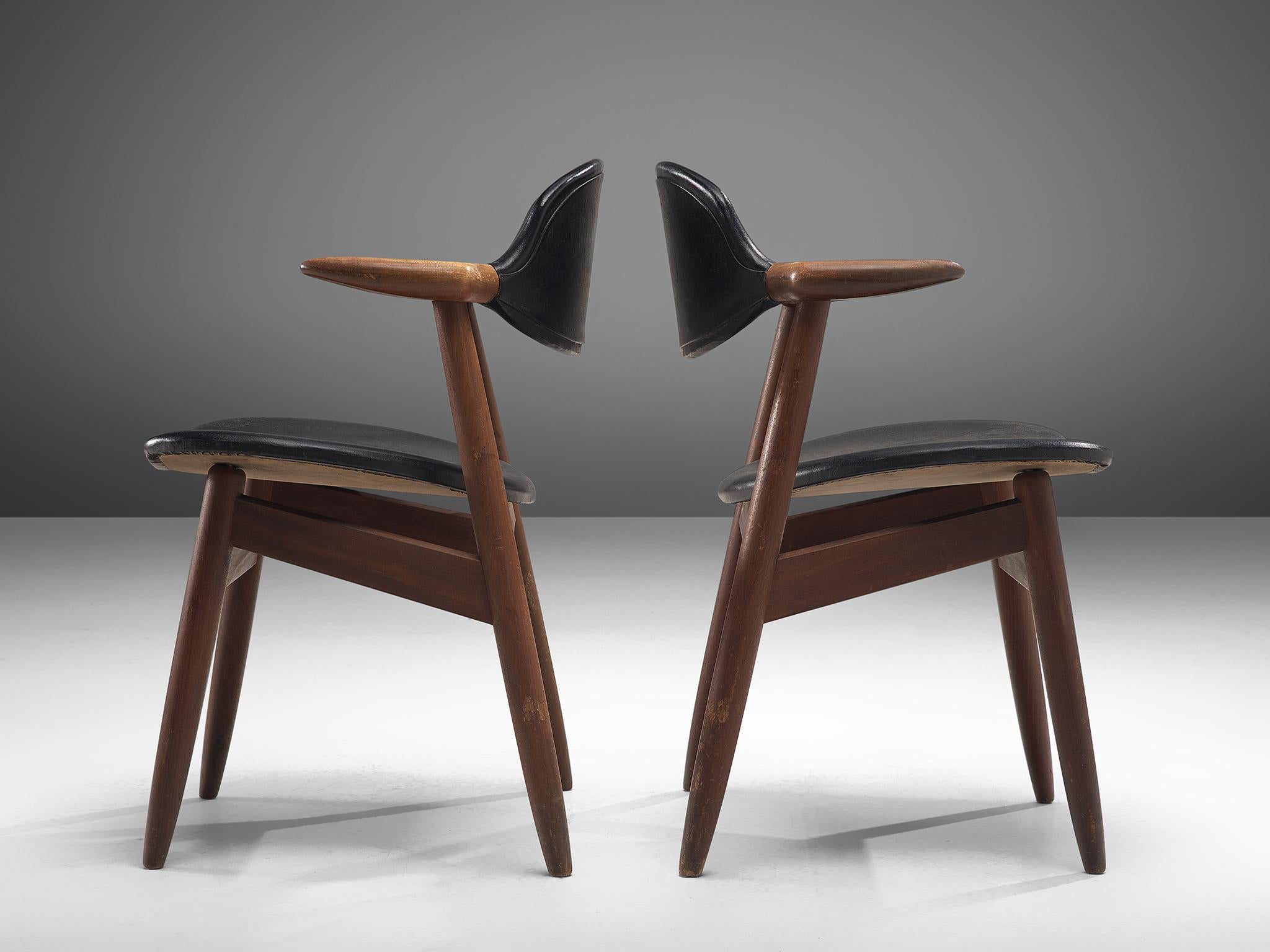 Mid-20th Century Large Set of Ten Bullhorn Chairs in Teak and Black Leather