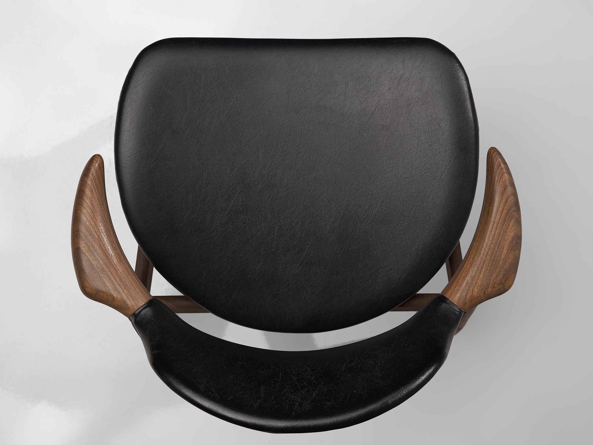 Large Set of Ten Bullhorn Chairs in Teak and Black Leather 1