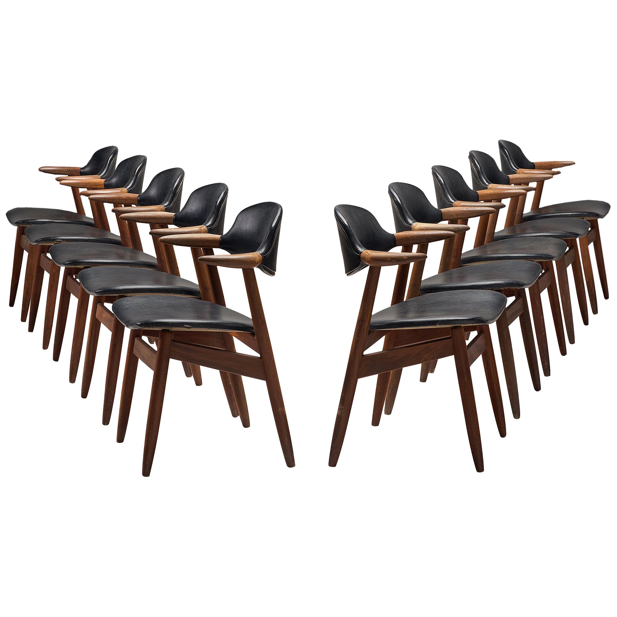 Large Set of Ten Bullhorn Chairs in Teak and Black Leather