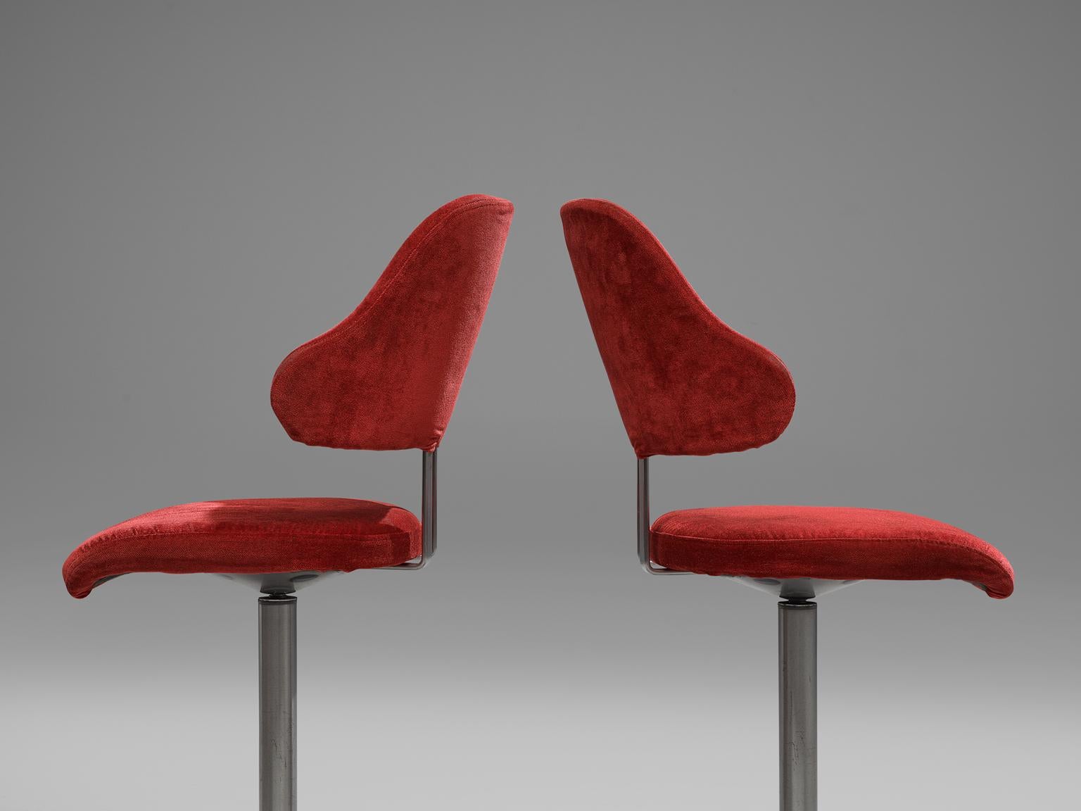 Mid-Century Modern Large Set of Ten Reupholstered Bar Stools in Red Velvet