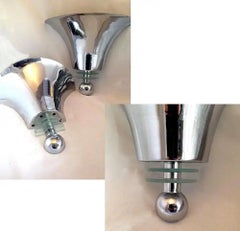 Large Set of Three Cinema Art Deco Chrome & Glass Trumpet Sconce Wall Lights