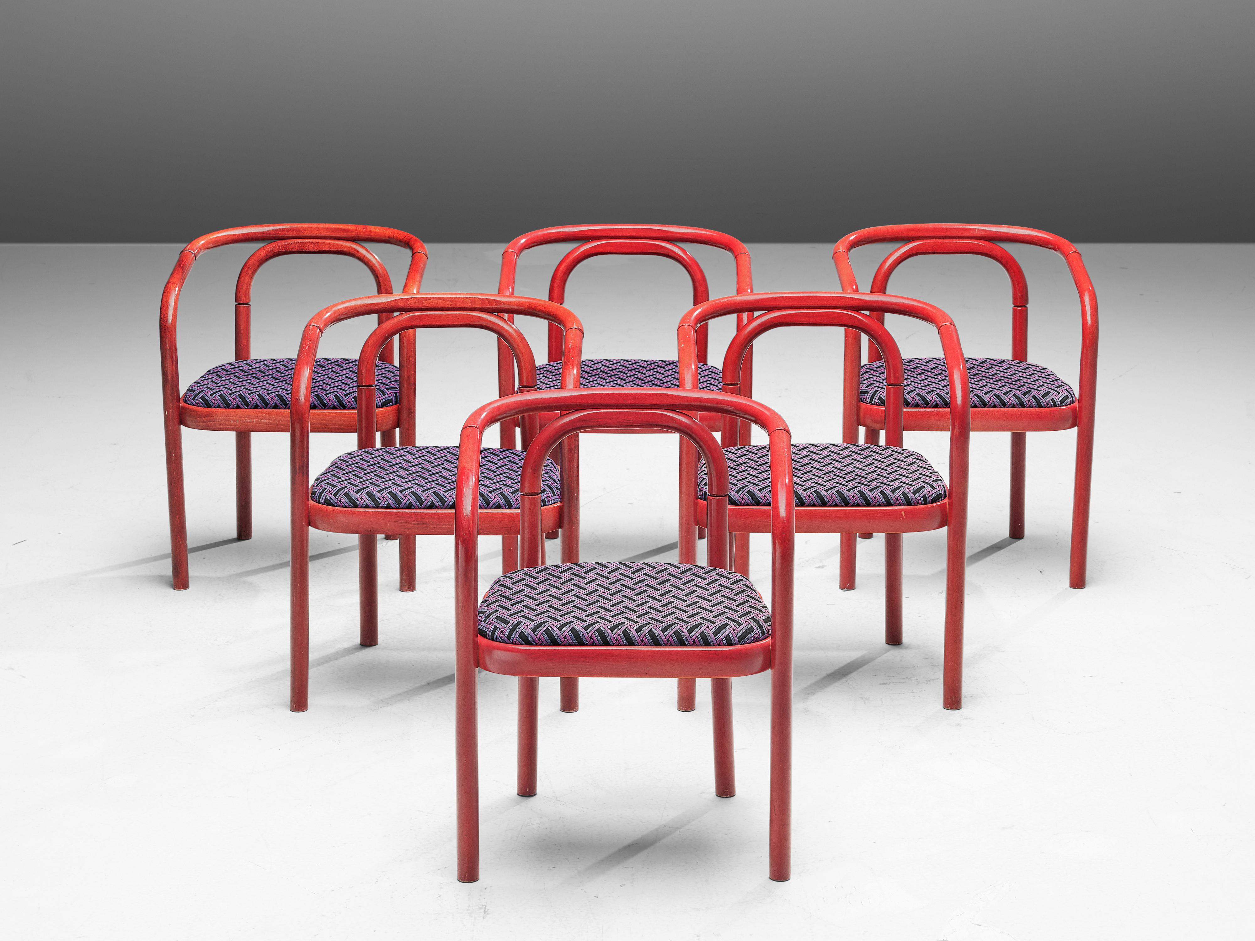 Antonin Suman for TON, +80 armchairs model E4309, lacquered beech, fabric, Czech Republic, 1977

A large set of dining chairs that were designed by Antonin Suman and manufactured by TON. These chairs feature a wonderful bentwood frame that is