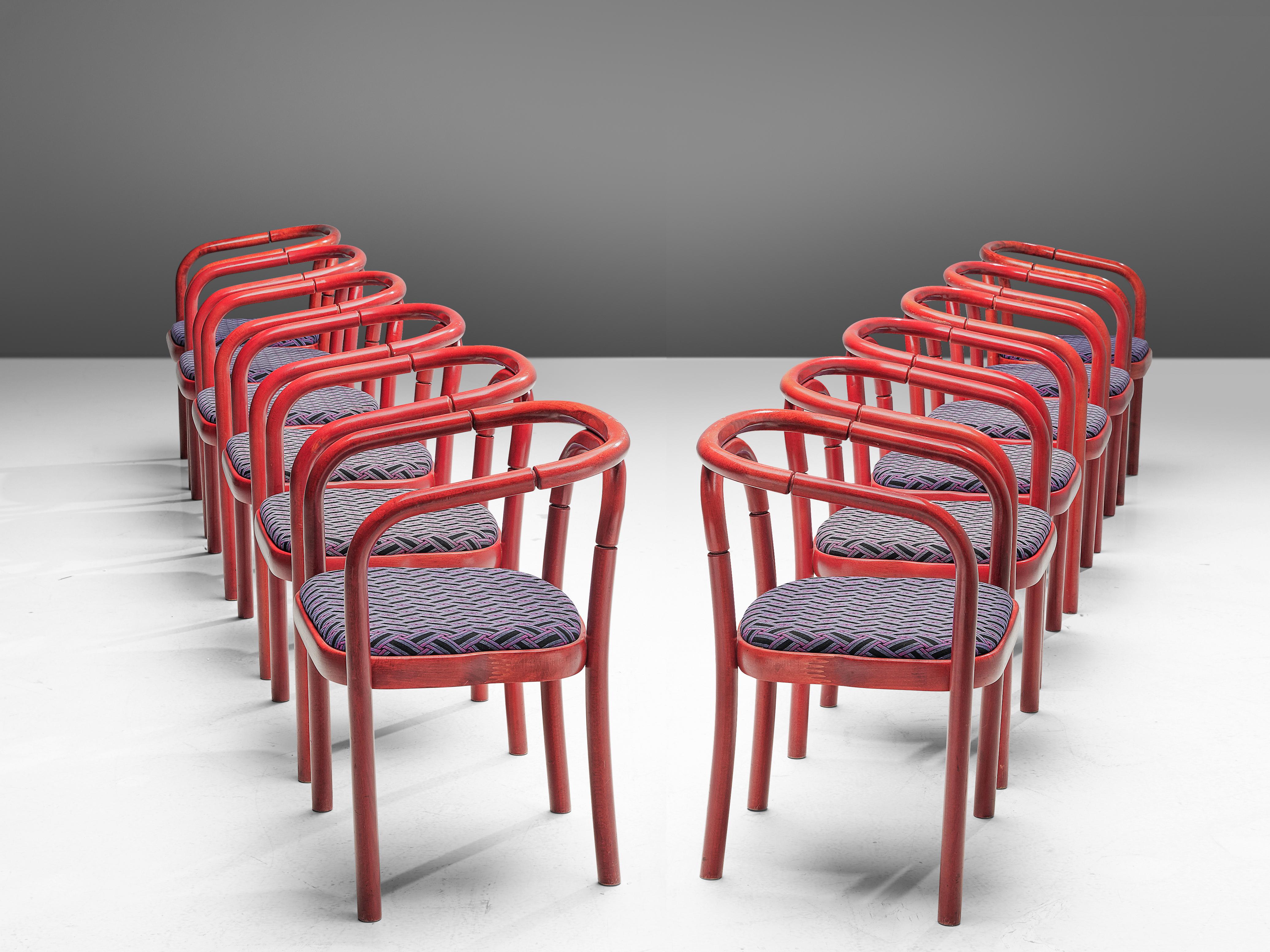 Mid-Century Modern Large Set of Antonin Suman for TON Dining Chairs with Red Wooden Frames