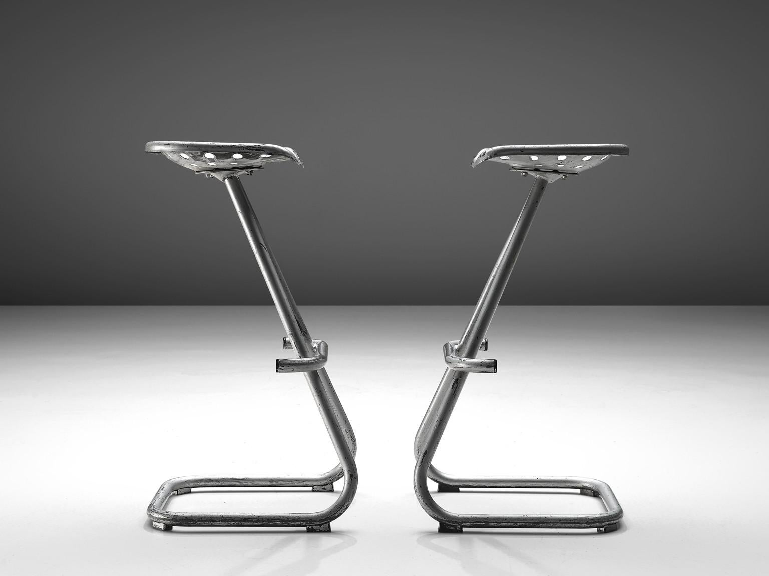 European Large Set of 'Tractor' Stools in Silver Colored Metal For Sale