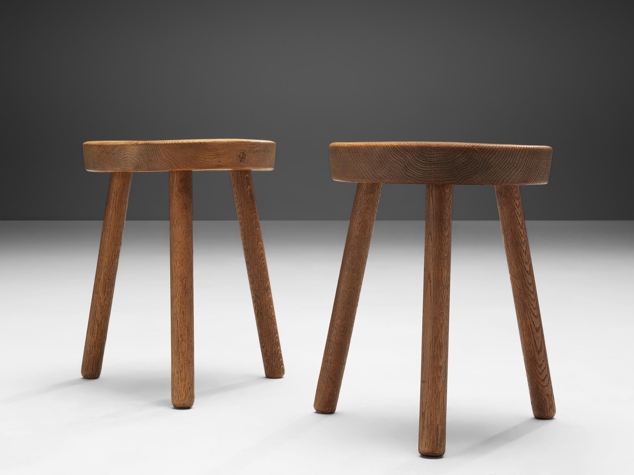 20th Century Large Set of Tripod Stools in Solid Oak