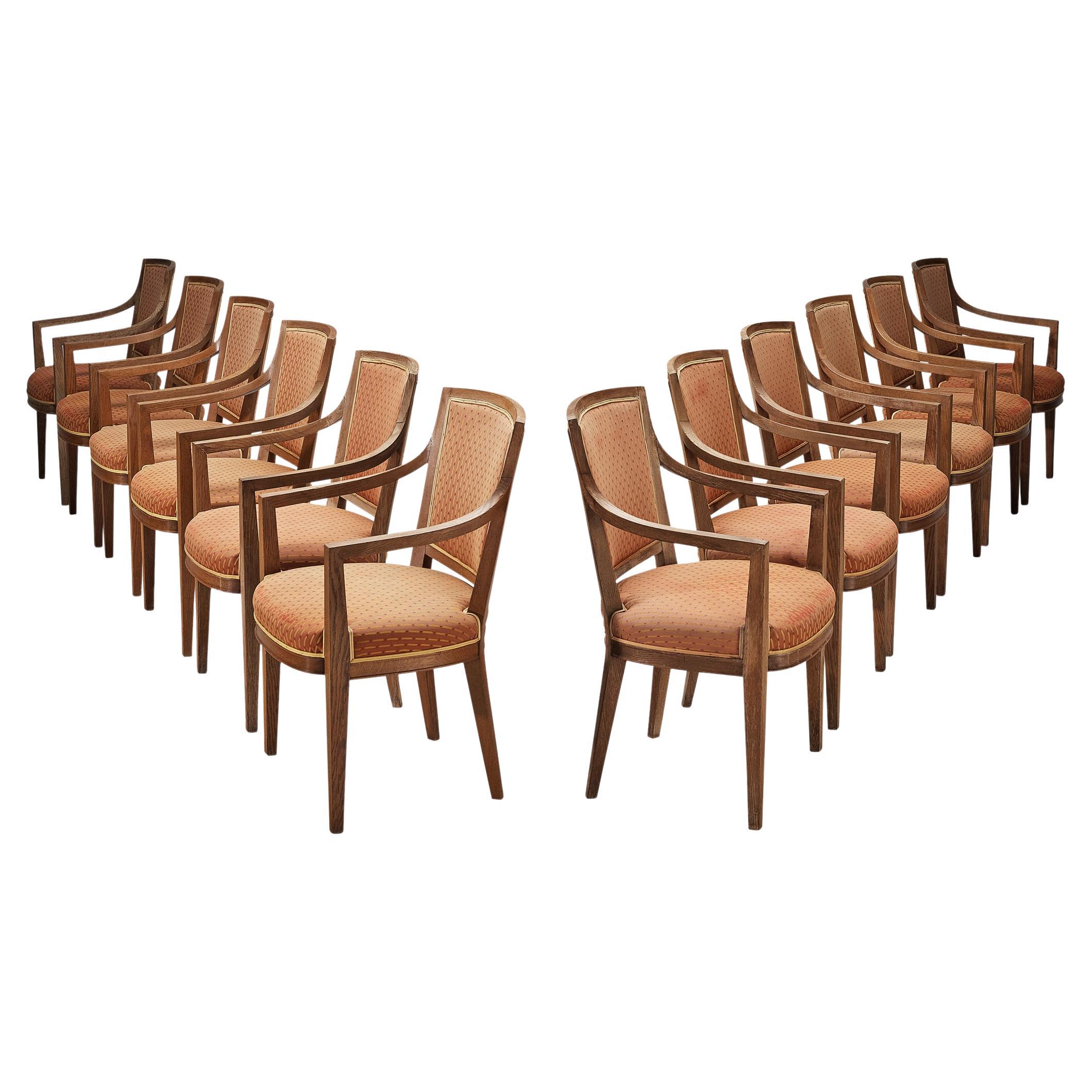 Large Set of Twelve Art Deco Dining Chairs in Oak and Red Upholstery