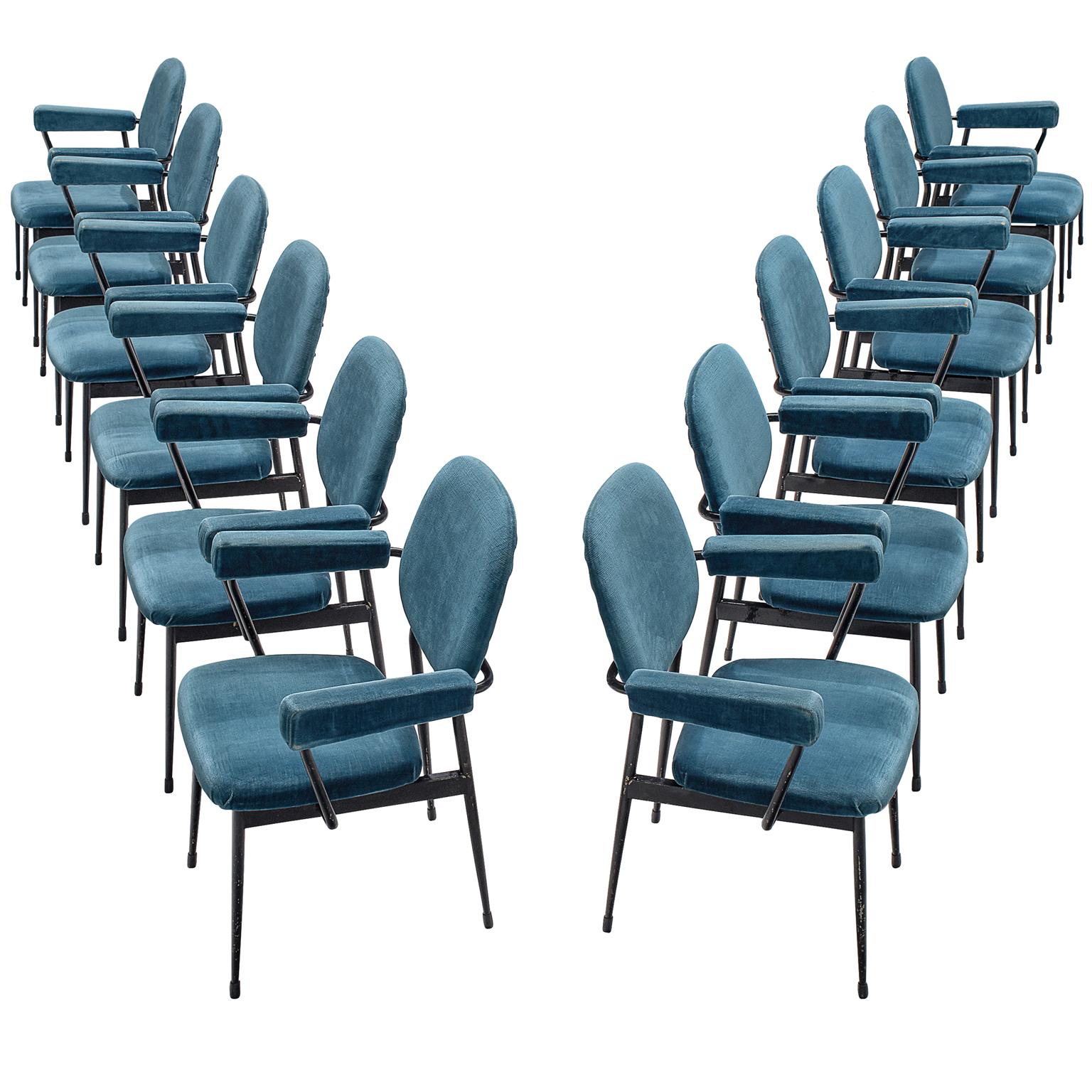 Large Set of Twelve Blue Velvet Italian Chairs