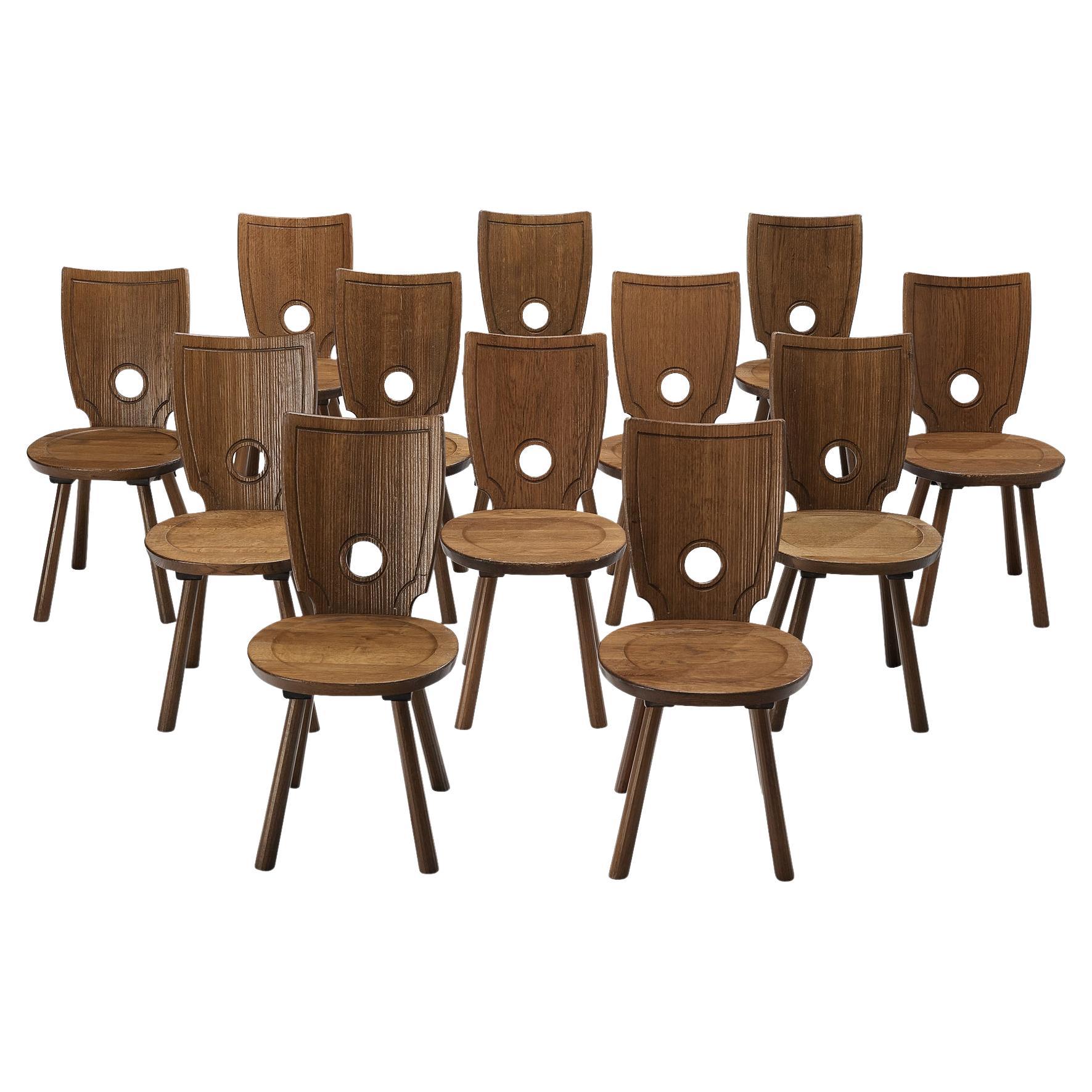 Large Set of Twelve Rustic French Dining Chairs in Solid Oak