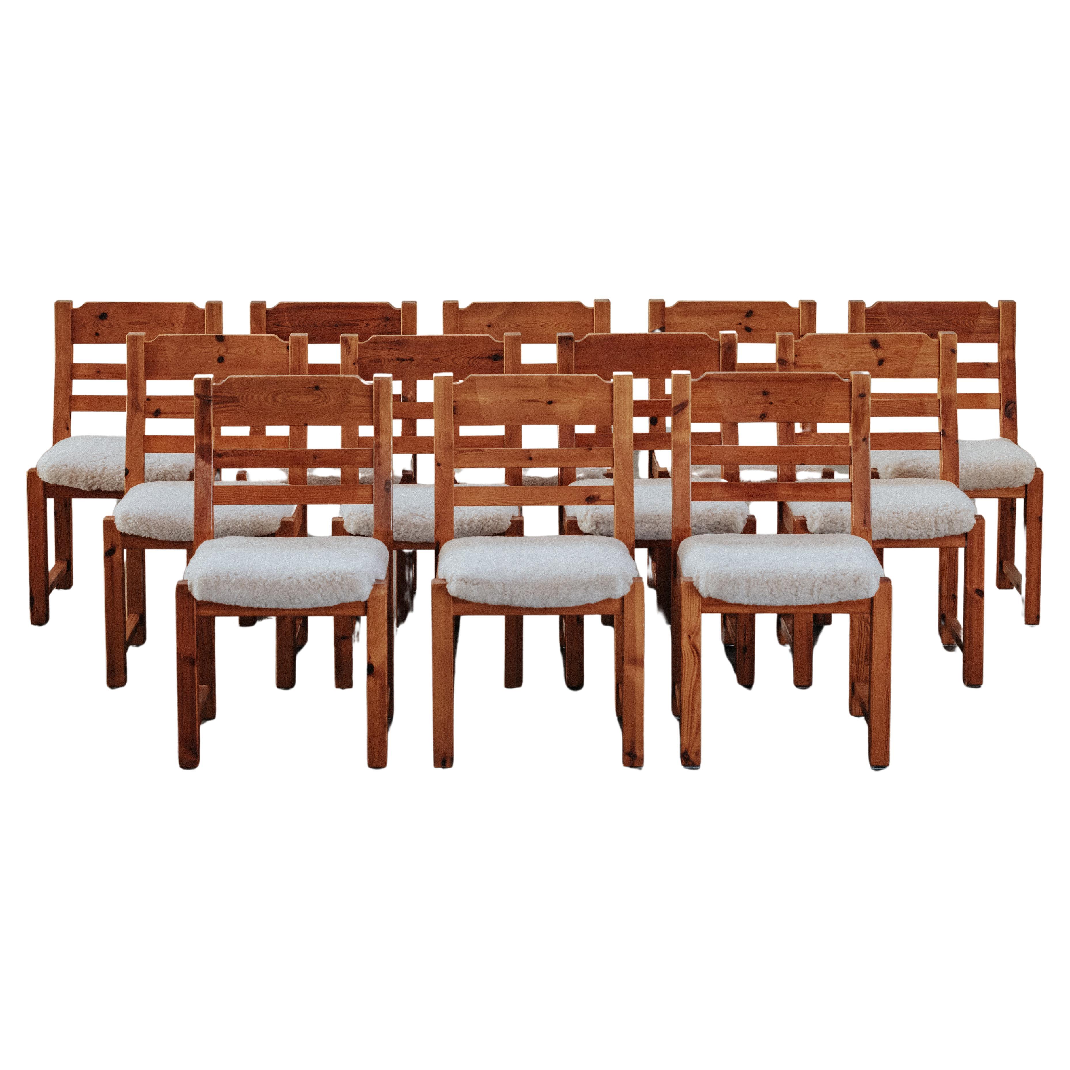 Large Set Of Twelve Sheepskin and Pine Dining Chairs From Denmark, Circa 1970 For Sale