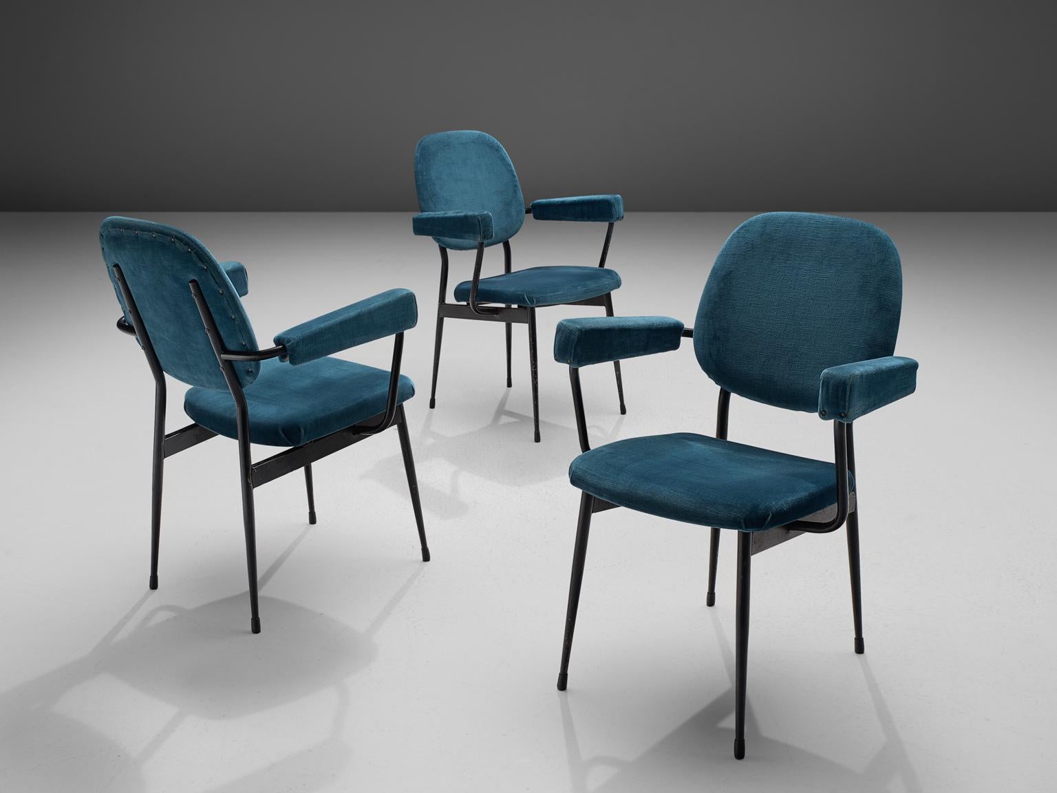 Mid-Century Modern Large Set of Twelve Blue Velvet Italian Chairs