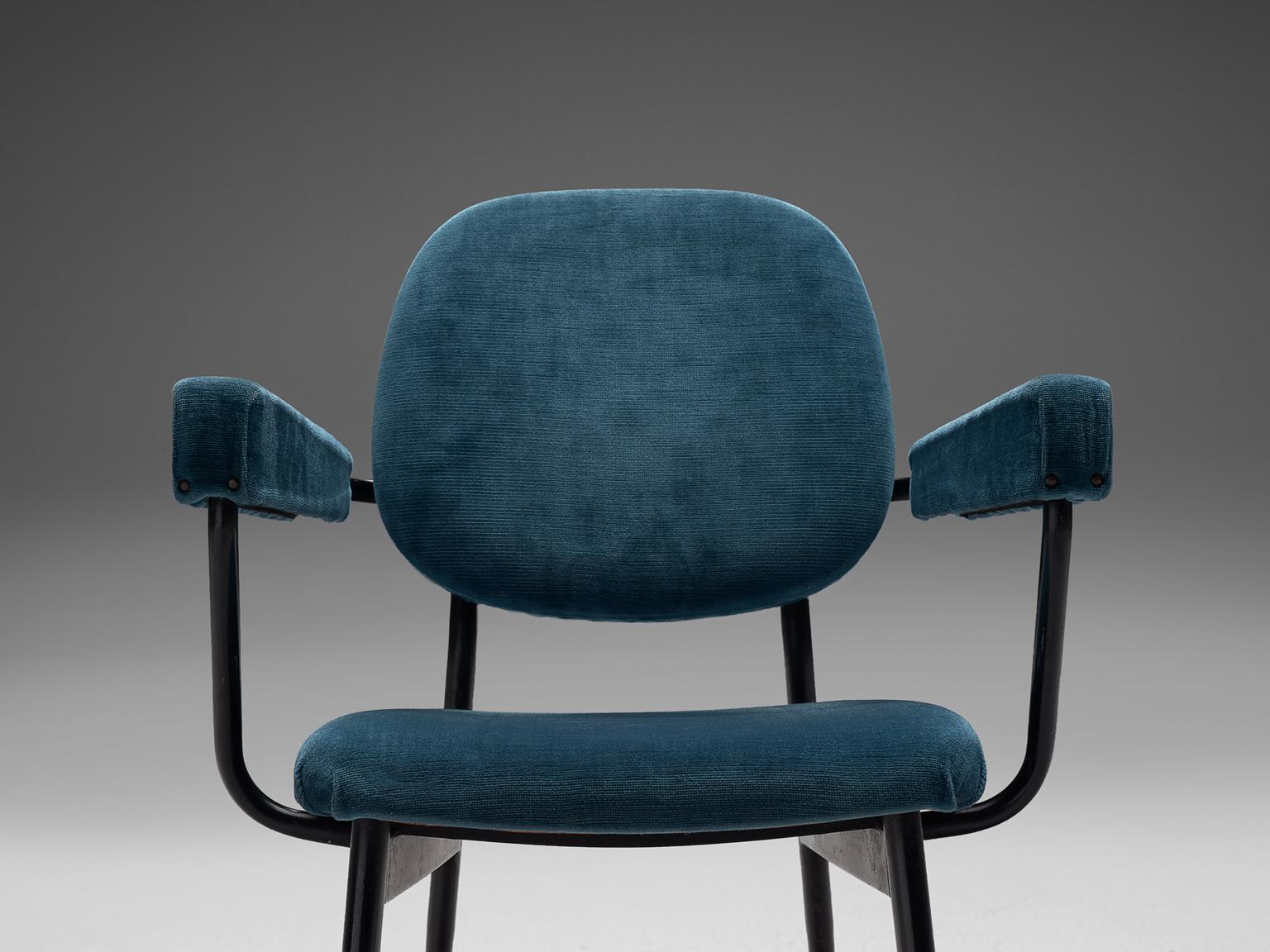 Mid-20th Century Large Set of Twelve Blue Velvet Italian Chairs