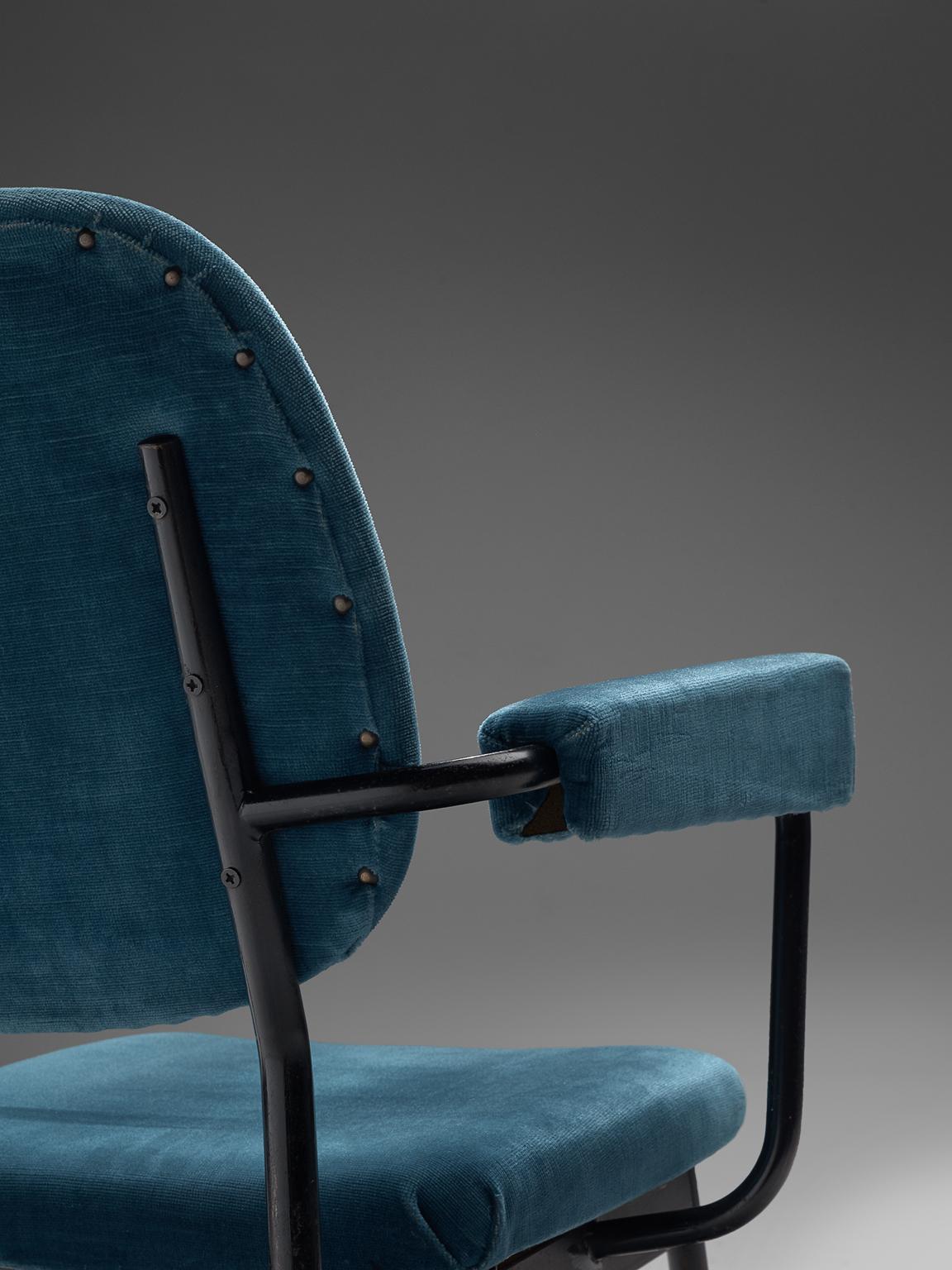 Metal Large Set of Twelve Blue Velvet Italian Chairs