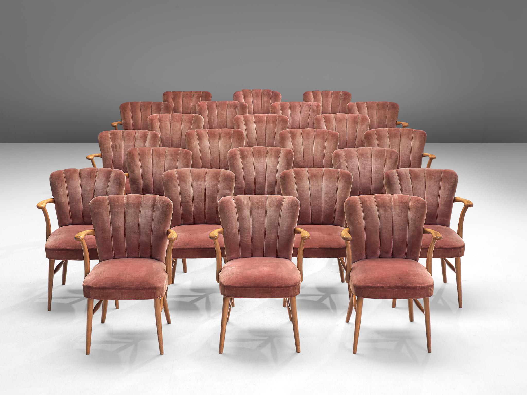 Mid-Century Modern Large Set of Twenty-Four Armchairs in Soft Rose Velvet