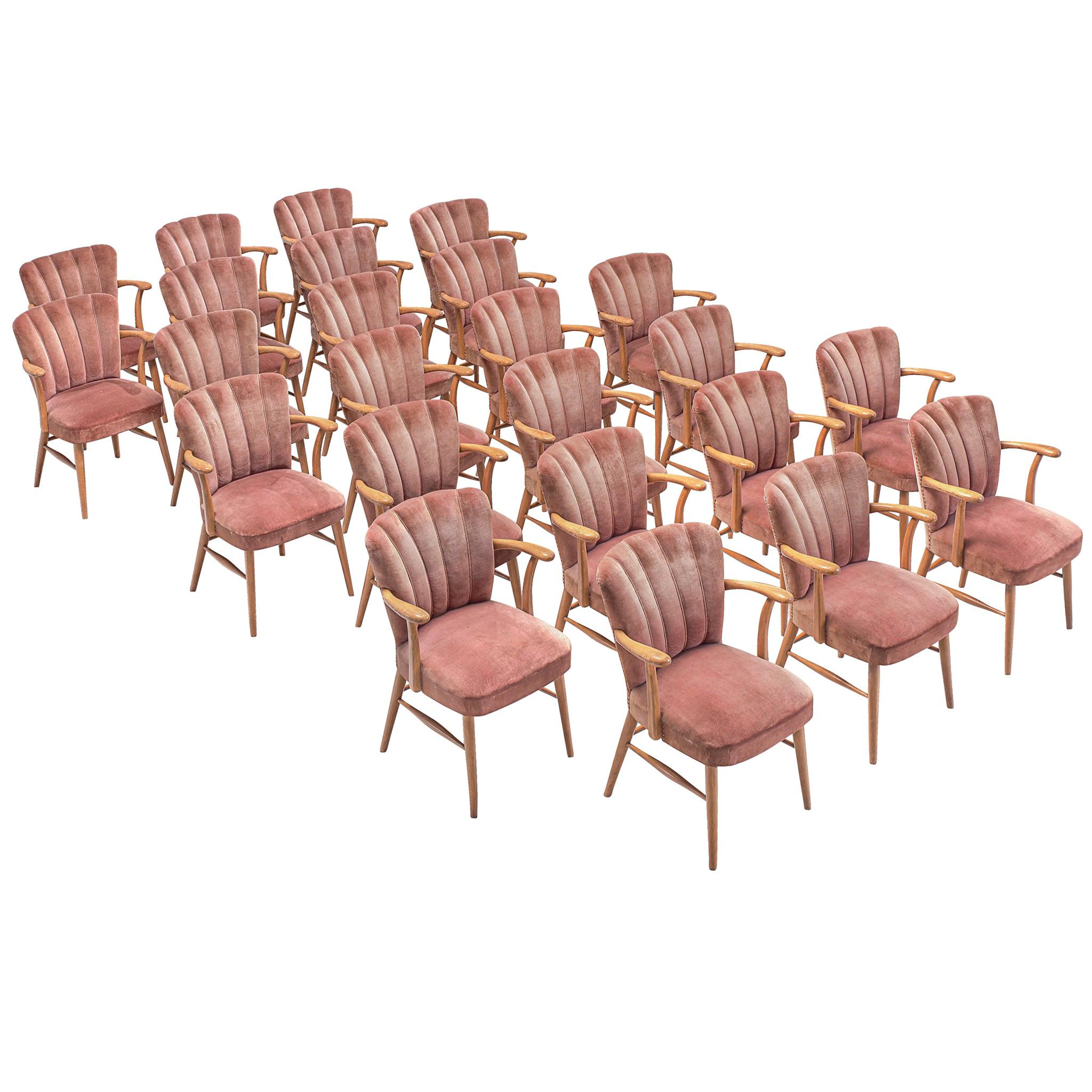 Large Set of Twenty-Four Armchairs in Soft Rose Velvet