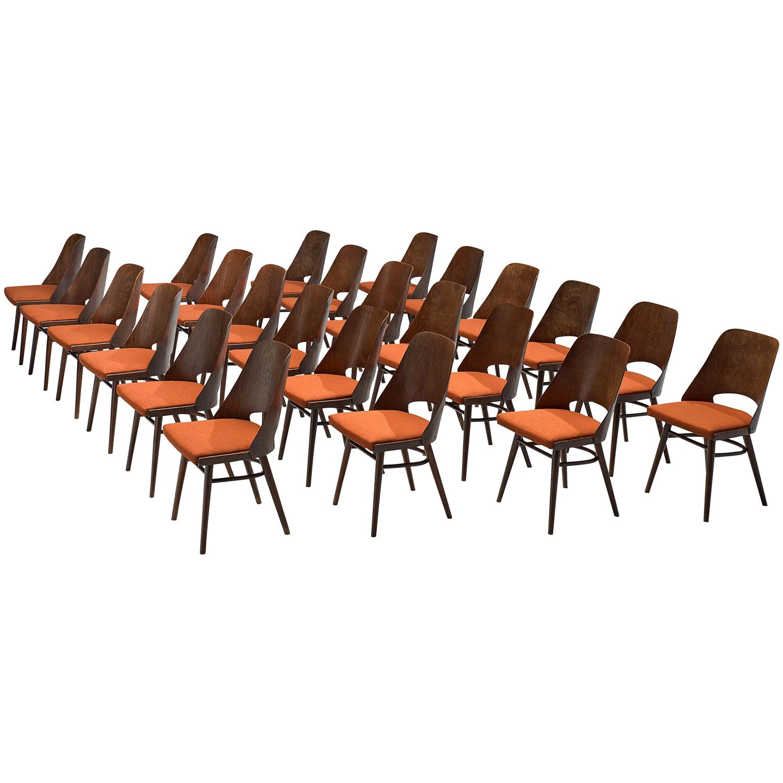 Large Set of Twenty-Four Bentwood Dining Chairs with Coral Upholstery