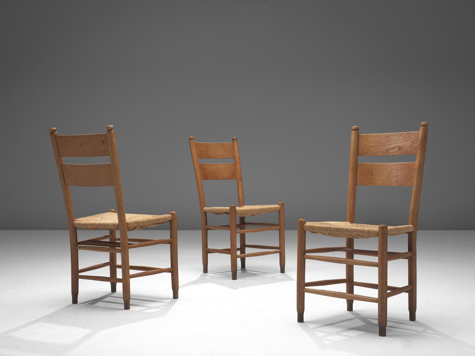 Rustic Danish Chairs in Rush and Oak In Good Condition In Waalwijk, NL