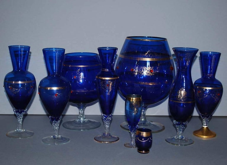 Picture of Large Set of Vintage Bohemian Blue Art Glass For Sale at 1stDibs