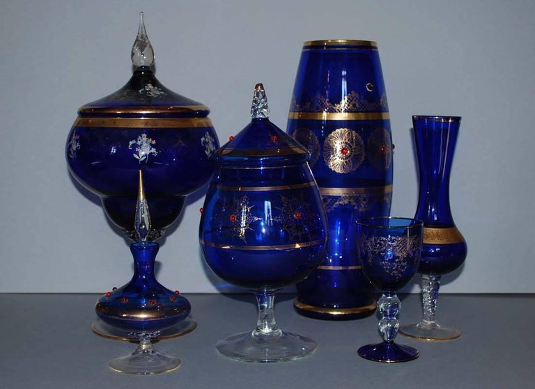 Large Set of Vintage Bohemian Blue Art Glass For Sale at 1stDibs