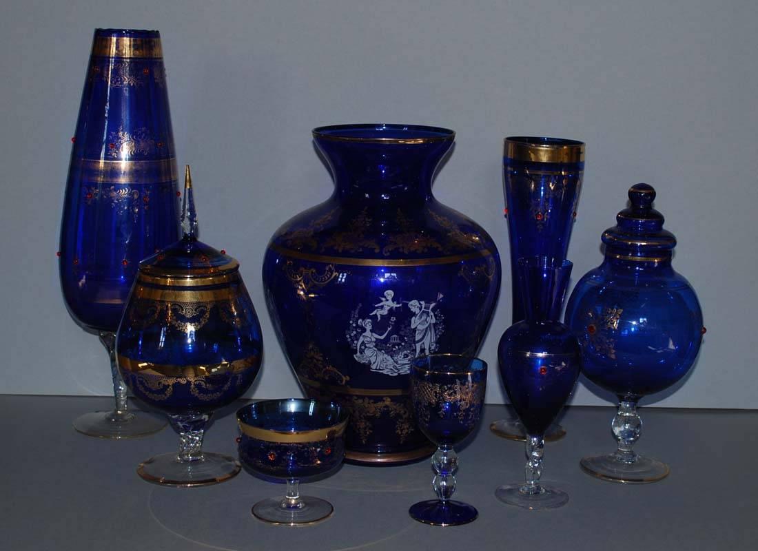 Large Set of Vintage Bohemian Blue Art Glass For Sale 1