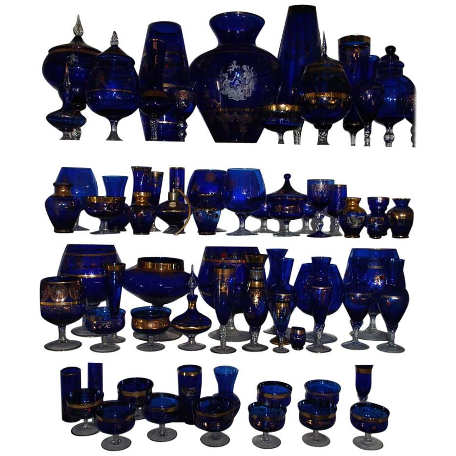 Large Set of Vintage Bohemian Blue Art Glass For Sale