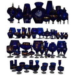 Large Set of Vintage Bohemian Blue Art Glass